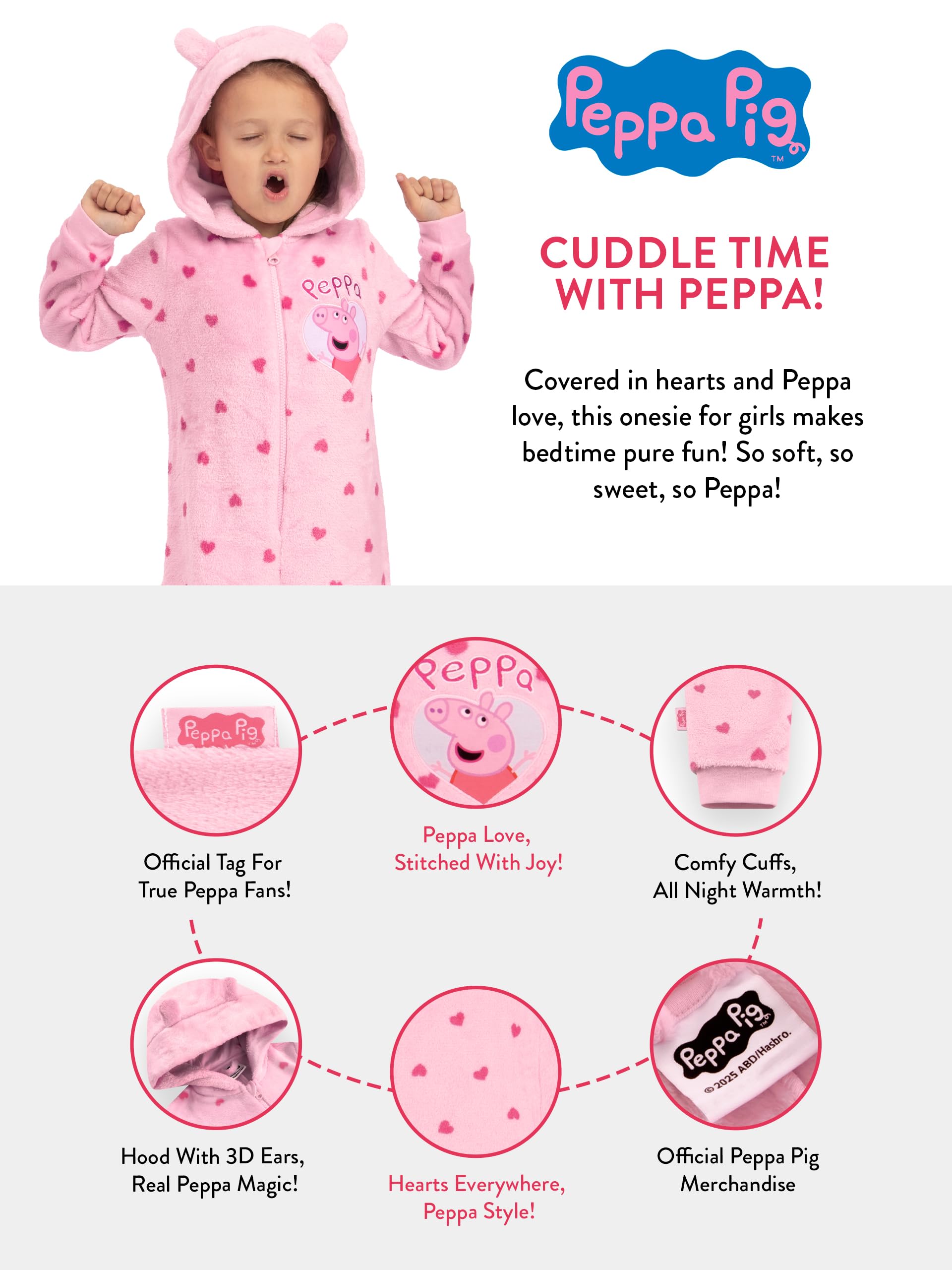 Peppa Pig Onesie Kinder, Fleece Onesie Mädchen mit 3D Ohren, Herzmuster Schlafoverall Kinder