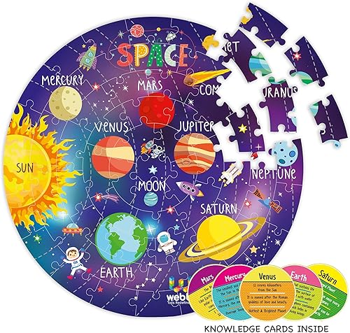 Miniatura 2 de Webby Amazing Outer Space Solar System - Rompecabezas de piso de 60 piezas con 4 tarjetas de doble cara (multicolor), peso ligero y sin bordes