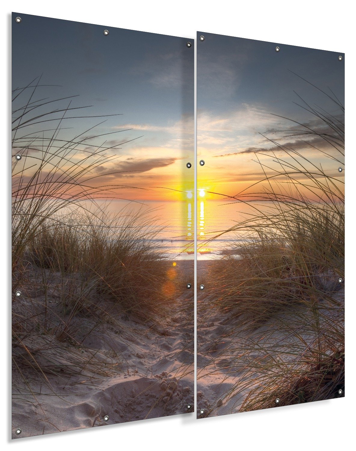 Wallario XXL Outdoor-Poster für Garten oder Balkon Sonnenuntergang am Strand, Motivbanner Größe: ca. 180 x 180cm, 2-teilig, Outdoor-Bild