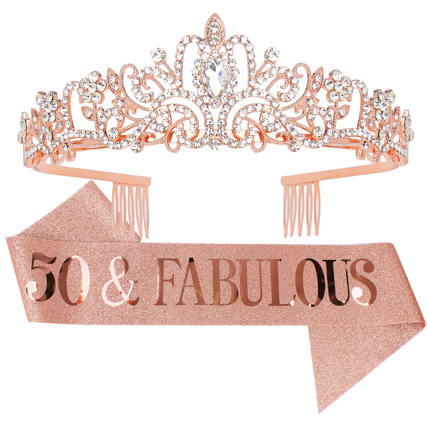 AOPRIE 50 Fabulous Birthday Crown Sash for Women Rose Gold Tiara Girls 50th Gifts ation Princess Rhinestone Headband