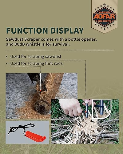 Miniatura 4 de AOFAR Arrancador de incendios, varillas de ferrocerio AF-376 (Ferro), kit de inicio de incendios con dos herramientas múltiples, silbato de