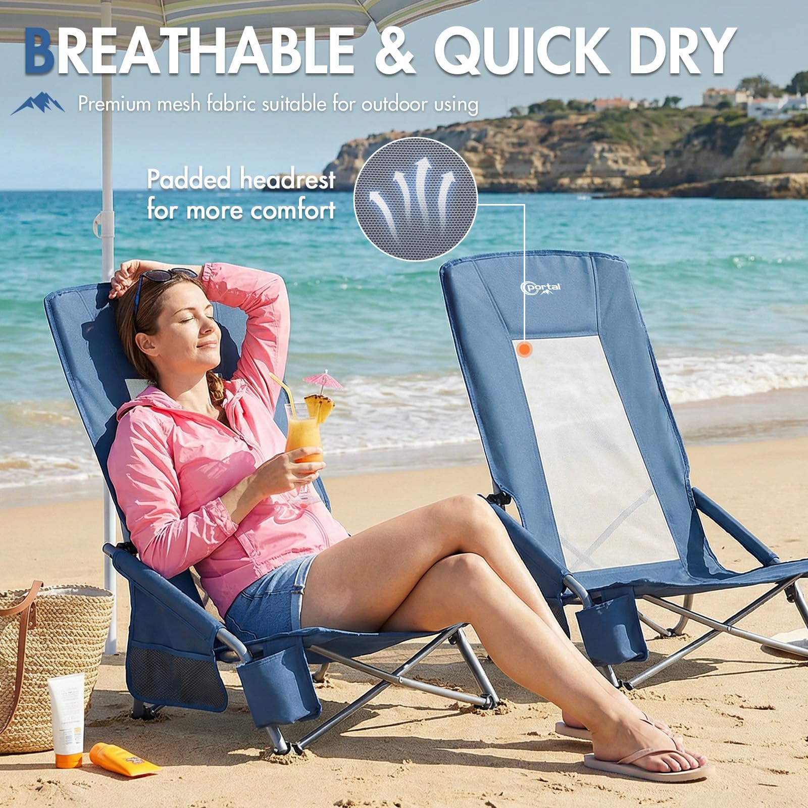 Portal Set di 2 sedie da spiaggia con schienale alto, leggere, basse, portatili per adulti, pieghevoli, per spiaggia, festival, picnic, sedia a sdraio, per esterni, con portabicchieri, rete