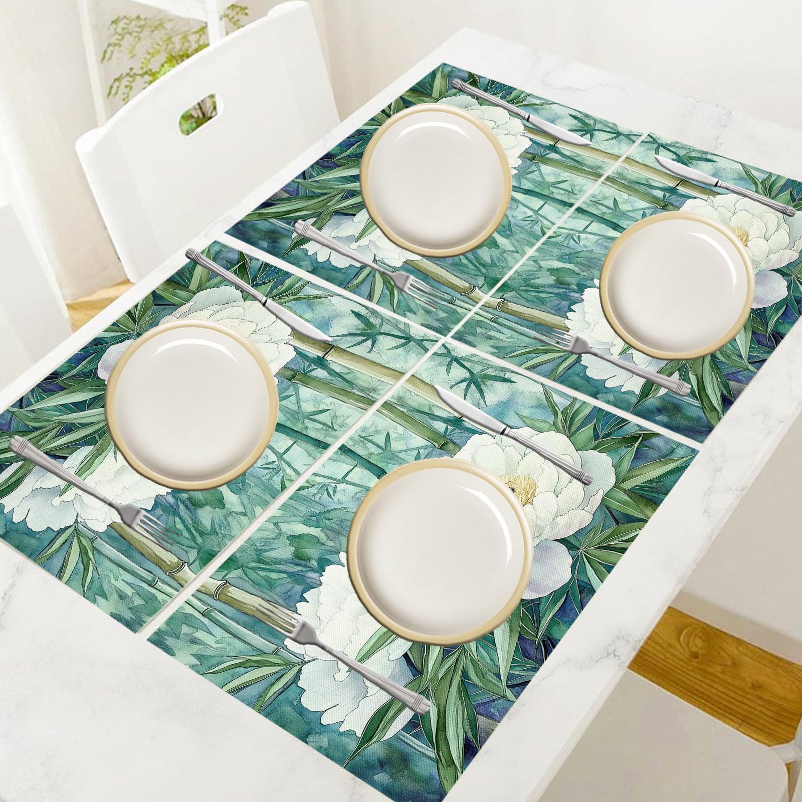 Set di 8 Tovagliette Americane Lavabili Cotone Lino Acquerello - Tovaglietta Americana Resistenti al Calore Durevole Peonia bianca - per Colazione Pranzo 30×45 cm