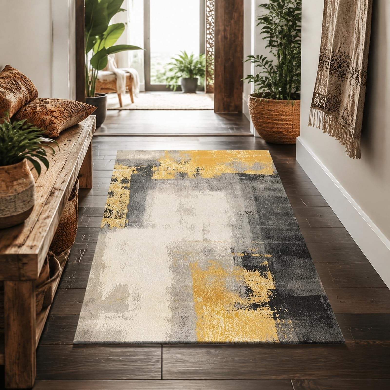 Tappeti di zona, 110 x 180 cm, Astratto Moderno Giallo Grigio Nero Bianco, Tappeto Moderno Pelo Corto Cucina Antiscivolo Lavabile Corridoio Entrata Bagno,