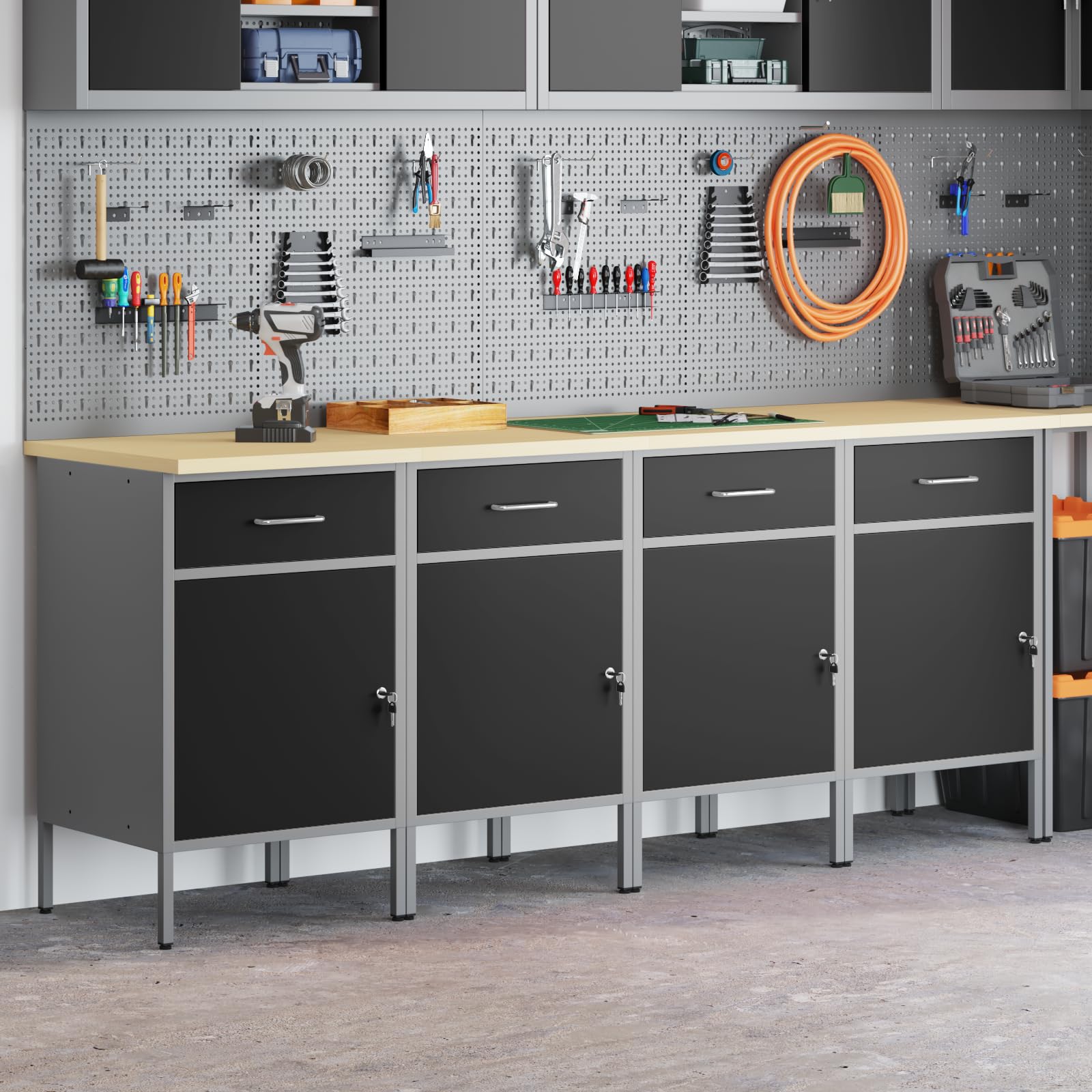 Banco da lavoro con cassetti, 4 pezzi, nero e grigio, 200 x 55 x 85 cm, 200 cm, banco da lavoro (4 cassetti e 4 porte)