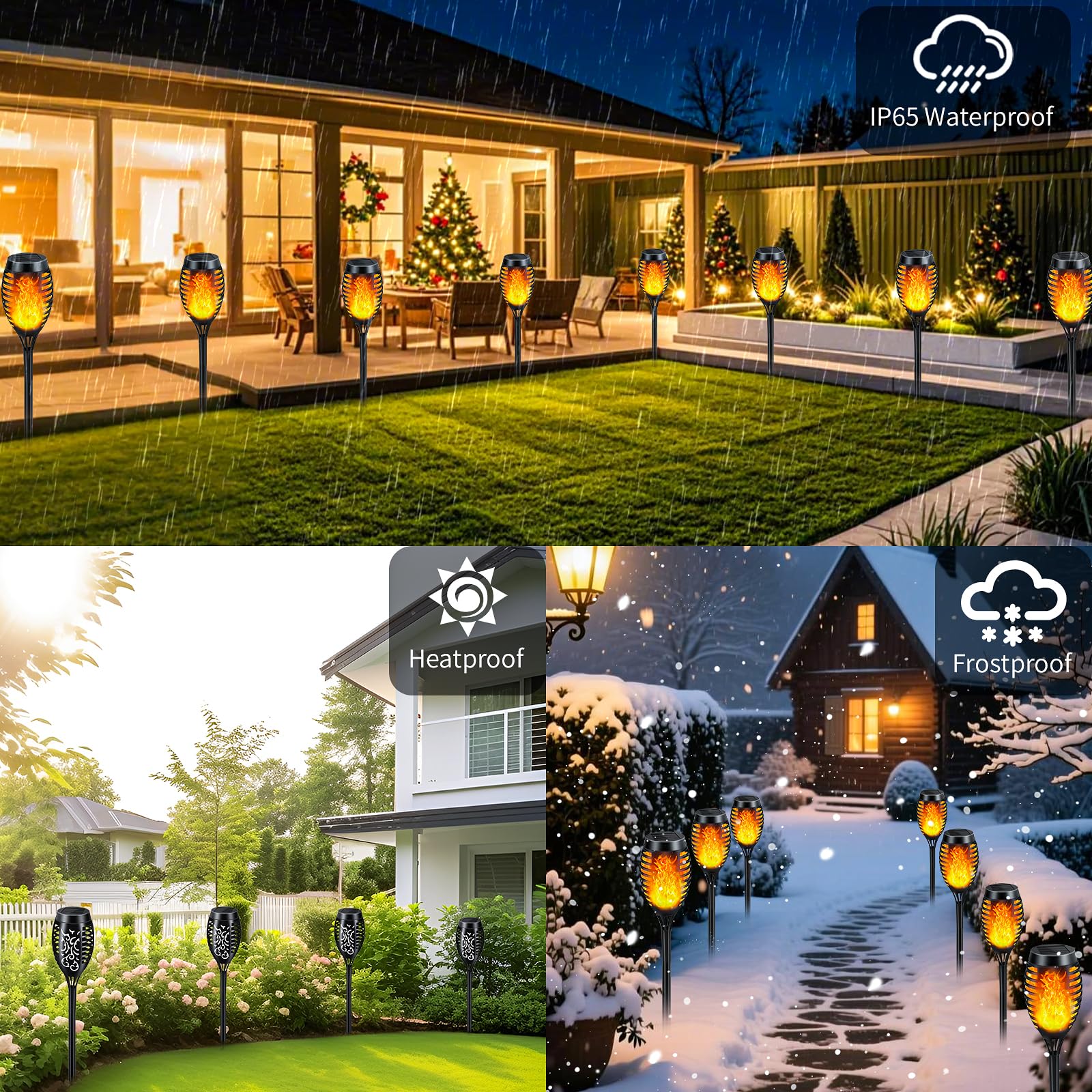Paquete de 12 luces solares para exteriores, linterna solar con llama parpadeante, iluminación impermeable para exteriores, luces de camino alimentadas por energía solar, iluminación decorativa para