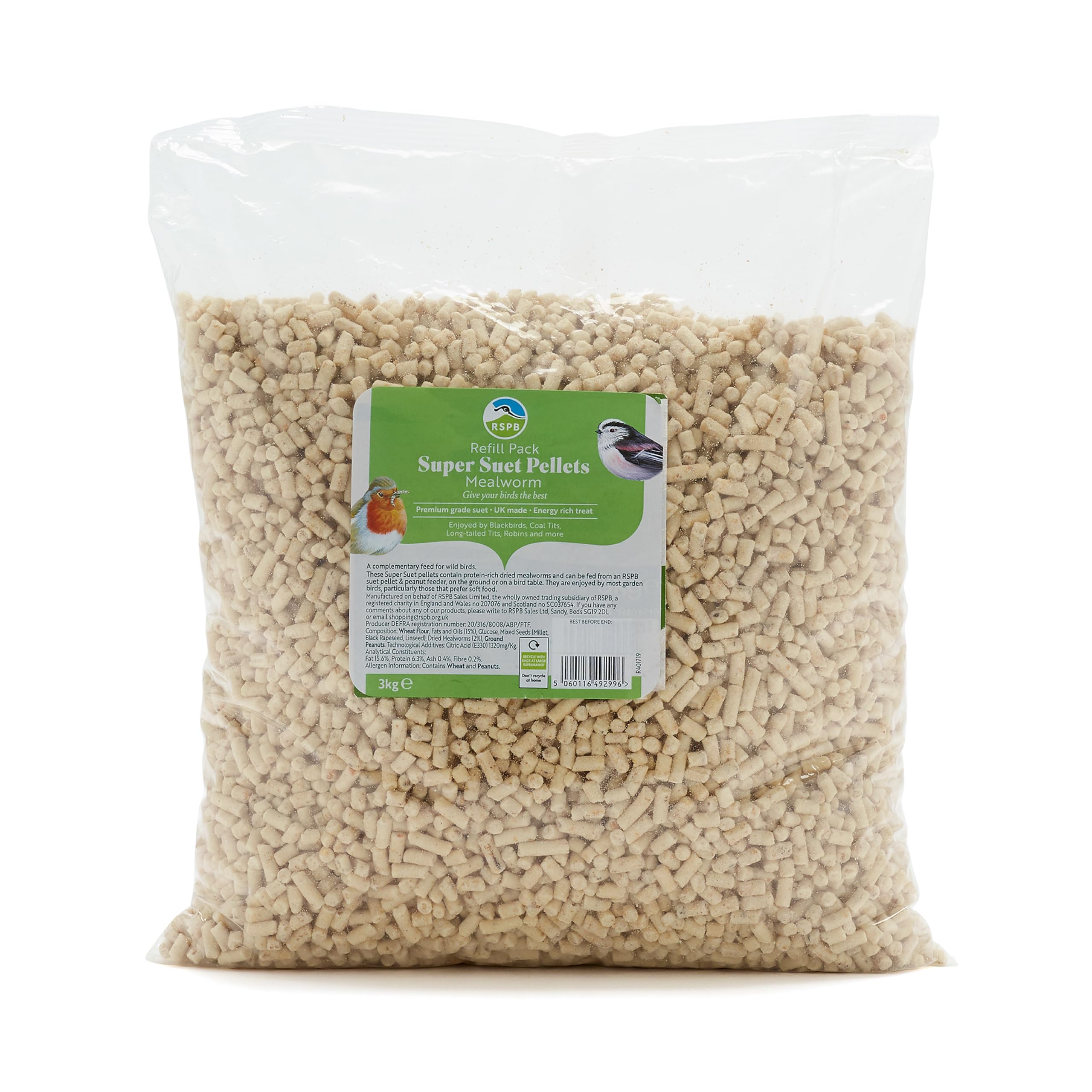 RSPB - Winter Super Suet Pellets, Wild Bird Food for Small Birds, Robins, and Common Garden Breeds, High Energy and Protein with Mealworms, Suitable for Year-Round Feeding, Made in the UK (3kg Refill)