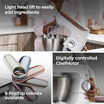 Kenwood Titanium Chef Baker, Kitchen Machine with K-Whisk, Stand Mixer with Kneading Hook, Whisk and 5L Bowl, KVC65.001WH, Power 1400W, White