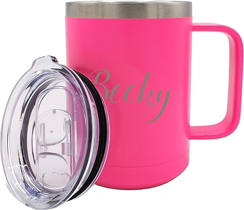 Taza de café personalizada y grabada con asa y tapa, taza personalizada para llevar (rosa caliente)