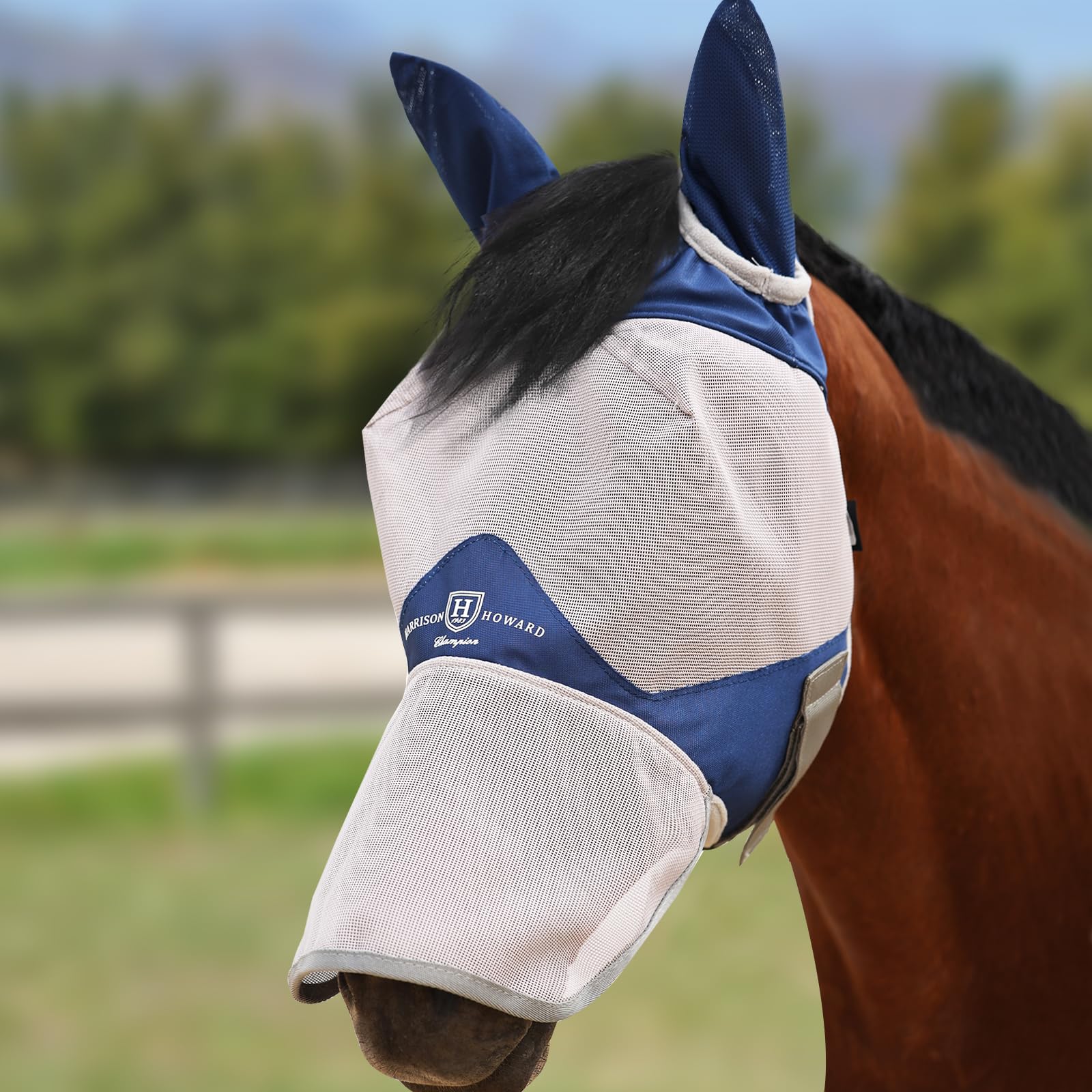 Photo 1 of **POSSIBLY RUNS SMALL*** Harrison Howard Full Face Horse Fly Mask UV Protection and Breathable for Equine Use Comfortable Navy M