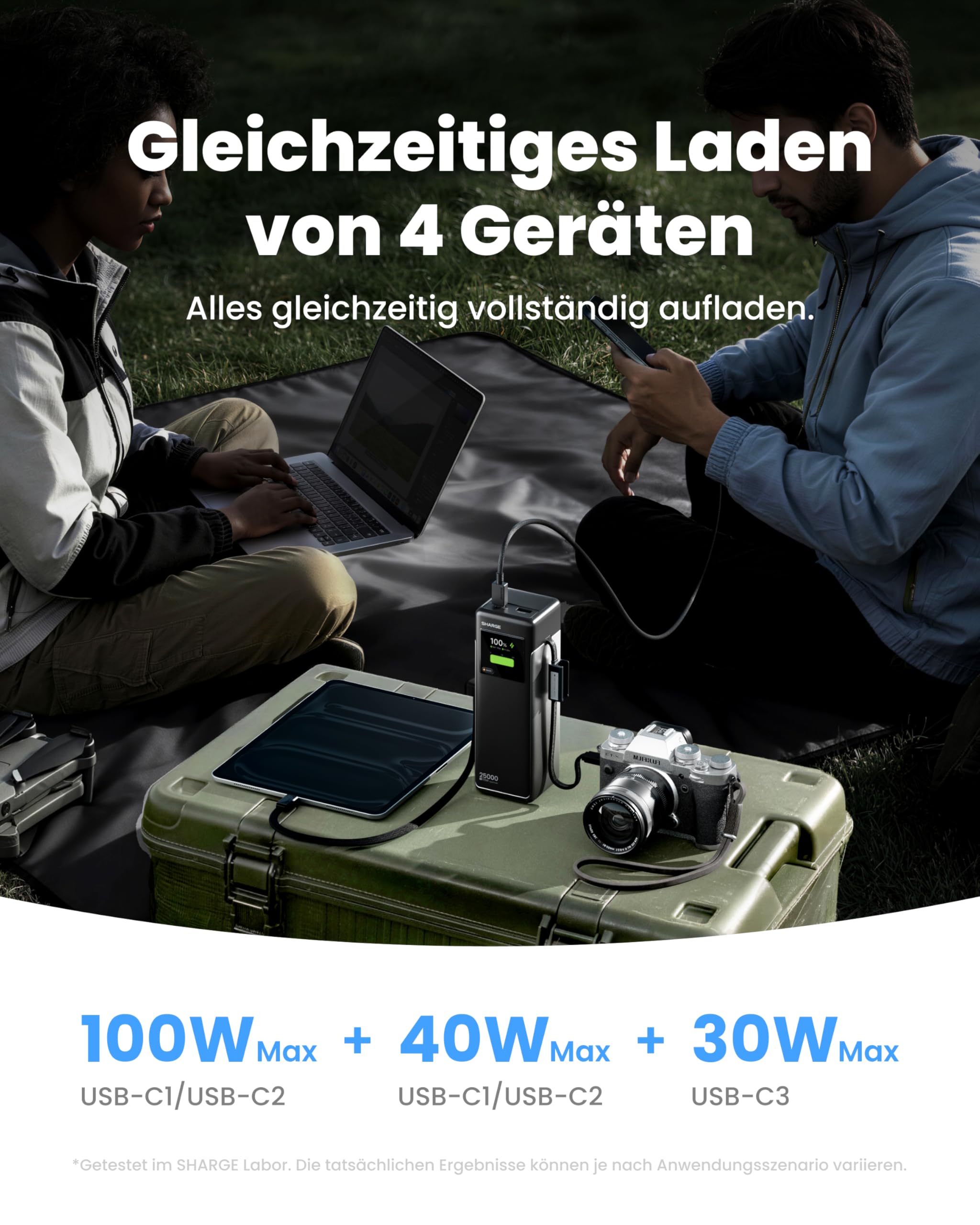 SHARGE 170W Laptop Powerbank 25000mAh mit TFT Display und 4 Anschlüssen | HyperTower 170 mit 2 ausziehbaren USB-C-Kabel, 3x USB-C + 1x USB-A, Schnellladen tragbares für Reisen/Büro für MacBook Pro