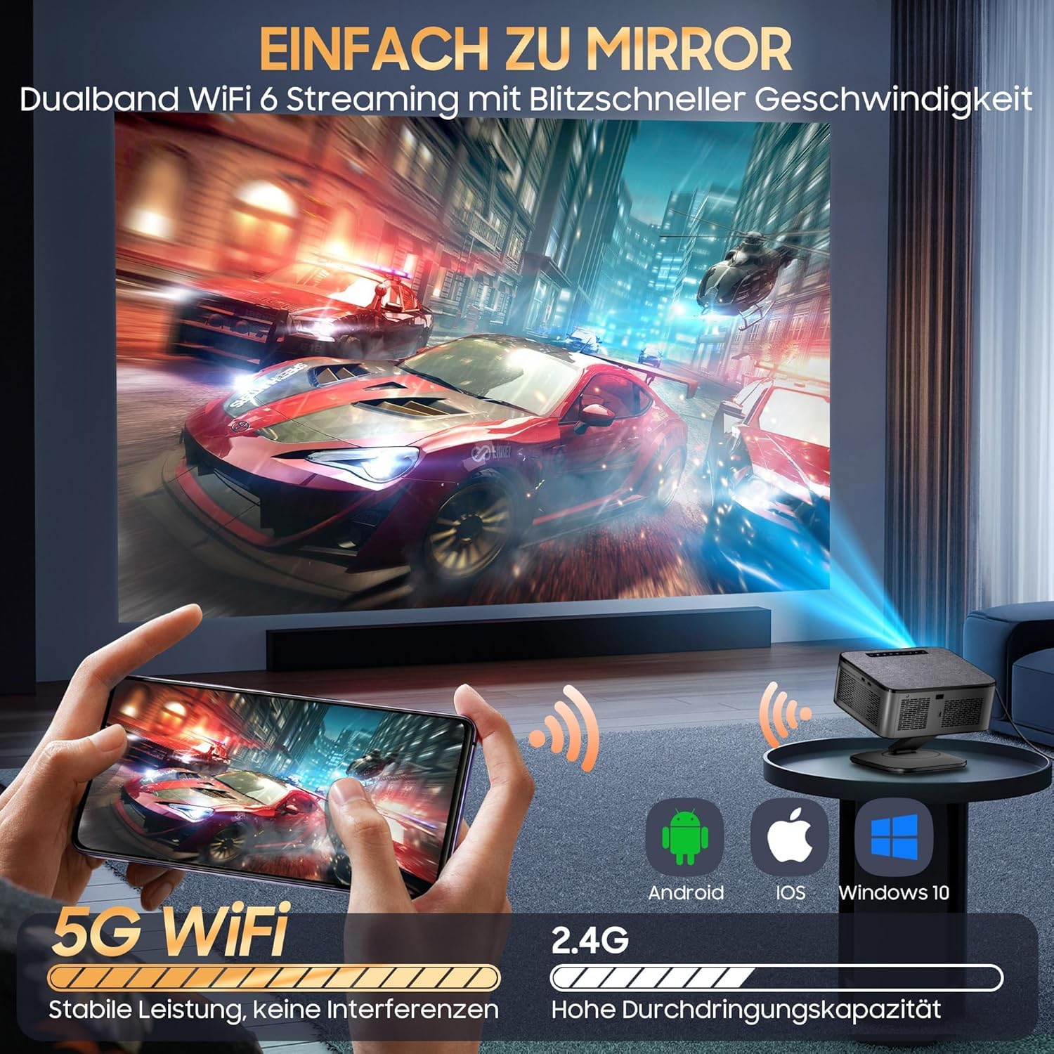 Proyector 4K 【FIFA World Cup/1500 ANSI/Google TV】 XIWBSY Proyector Bluetooth Portatil 38000 Lúmenes, Gira 360 °, Official Apps, Control por Voz, 1080P FHD, Proyectores Video Cine En Casa/Exterior