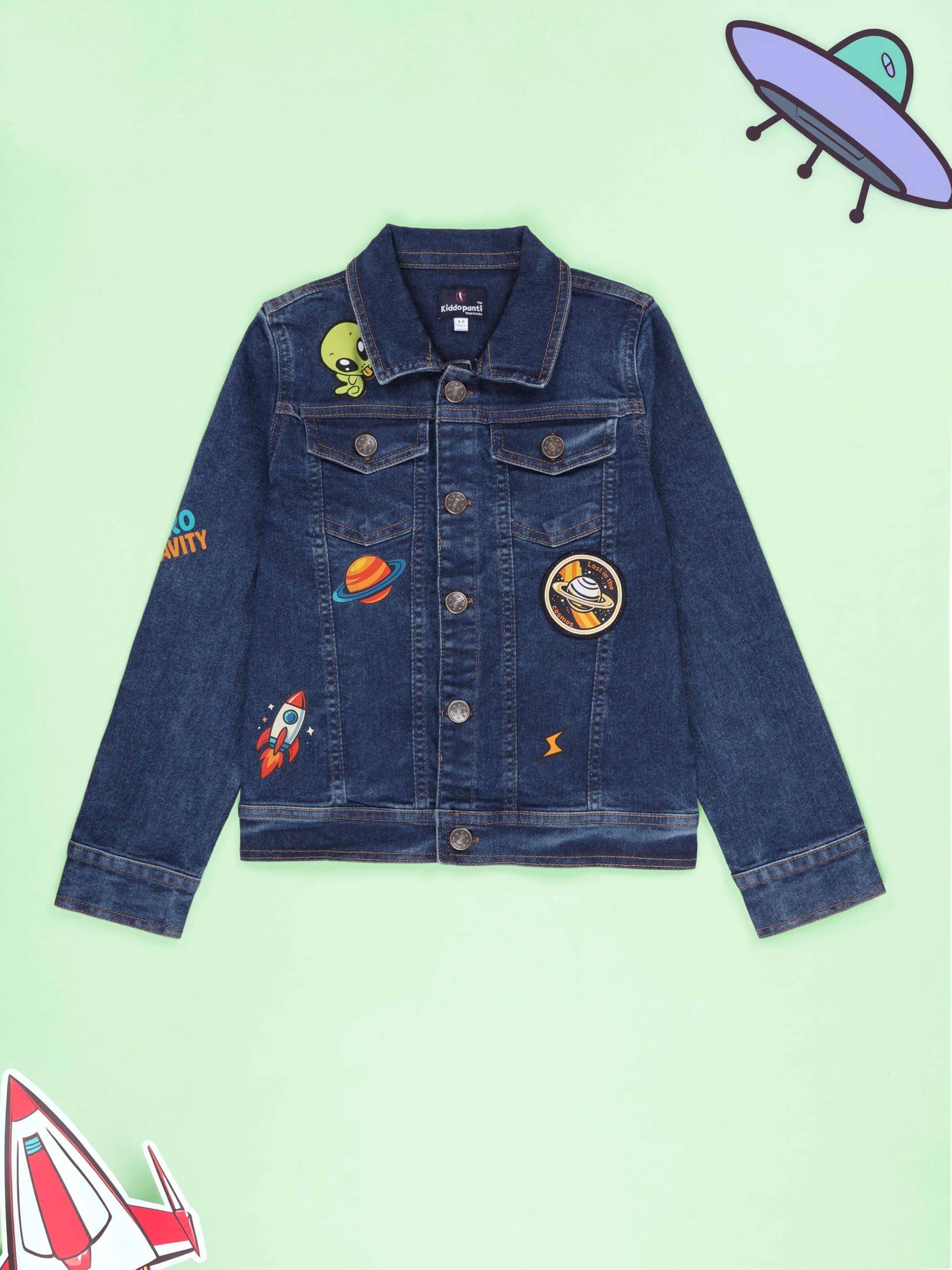 KiddoPanti Boys Full Sleeve Denim Jacket With Space Themed Badges, Dk Wash Blue With Alien - 12-14Y - Image 3 thumbnail