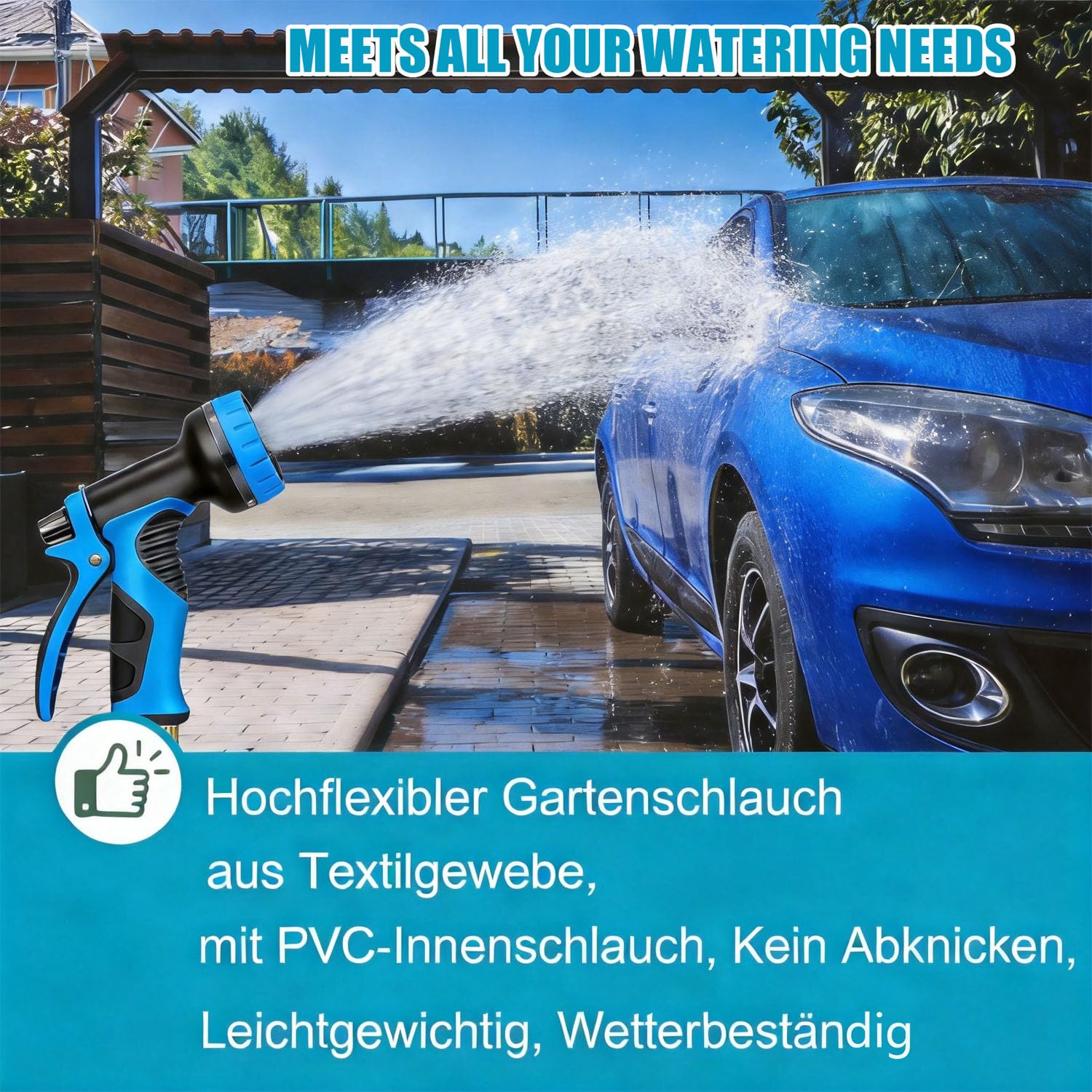 Tuyau Arrosage Extensible - 15m/50FT Tuyau d'arrosage Flexible avec 10 Modèles de Pulvérisation, Connecteurs Métalliques 1/2" et 3/4" Garden Hose,Latex Triple Épaisseur Durable (15M/50FT)