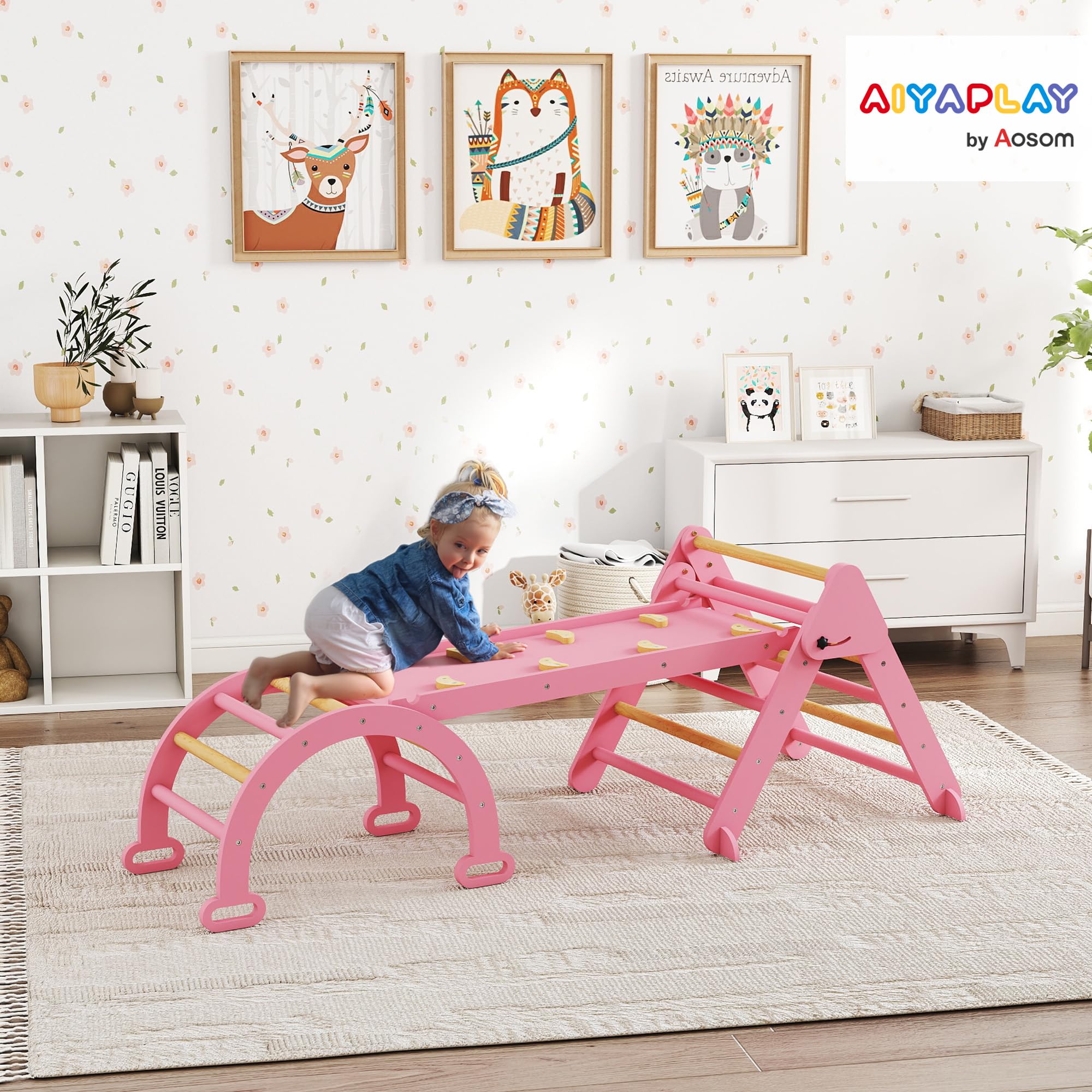 AIYAPLAY 7-in-1 Montessori Klettergerüst Indoor, faltbar Holz Kletterdreieck mit Rutsche, Bogen, Indoor Spielplatz für Kinder von 1,5-4 Jahre, Rosa