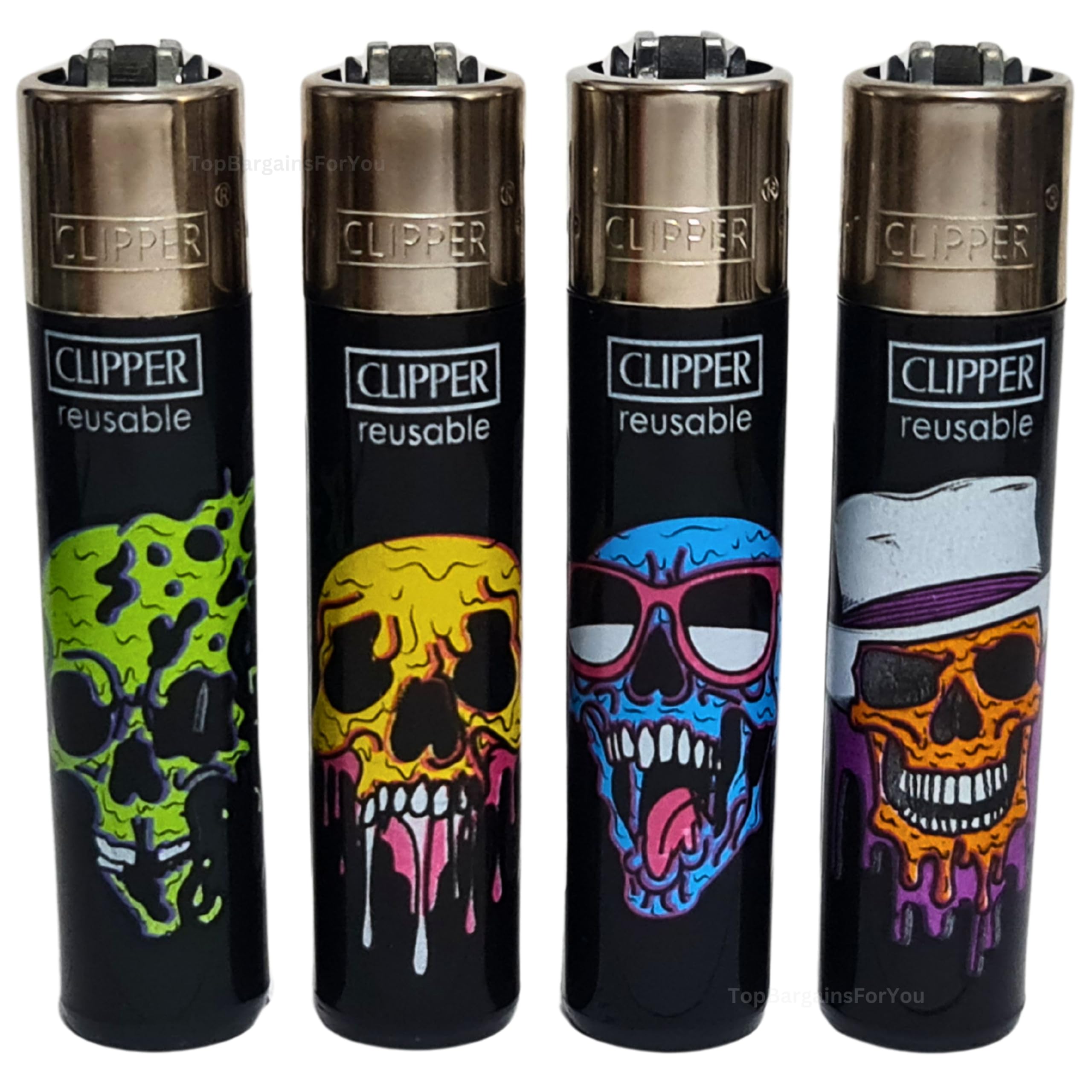 Zactly Multicolour - 4 X Clipper Lighters Molten Skulls Design Set, Gas Refillable Flint Rare - Limited Edition