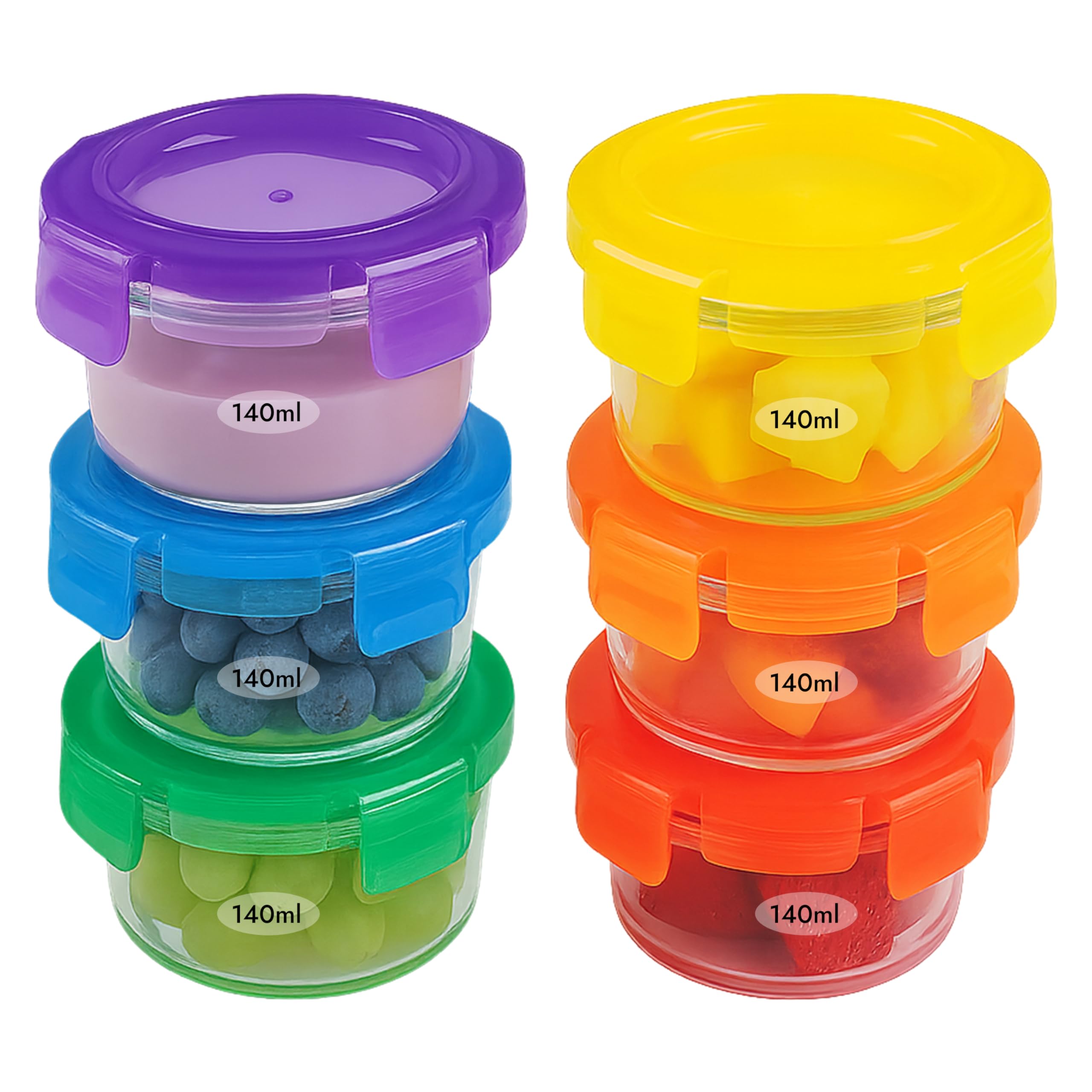 ARSUK Baby Glass Food Containers with Lids (140ml, 6PCS) - Small Airtight Glass Jars for Freezer and Microwave - Ideal Storage for Lunch Box & Meal Prep - BPA Free Toddler Snack Pots