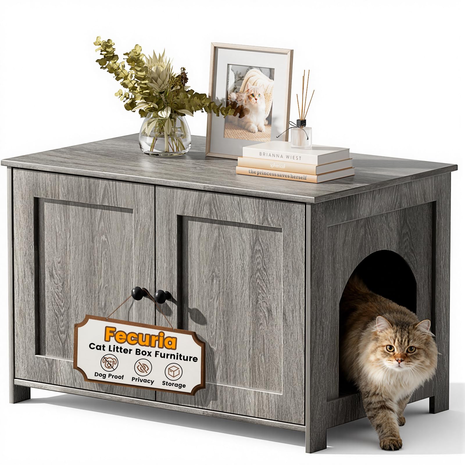 Cat Litter Box Enclosure Furniture Dog Proof, Hidden Kitty Washroom Low Entry, Wooden Cat Boxes Enclosure Odor Control for Home, Farmhouse Style Decorative Cabinet with Storage,Oak Grey