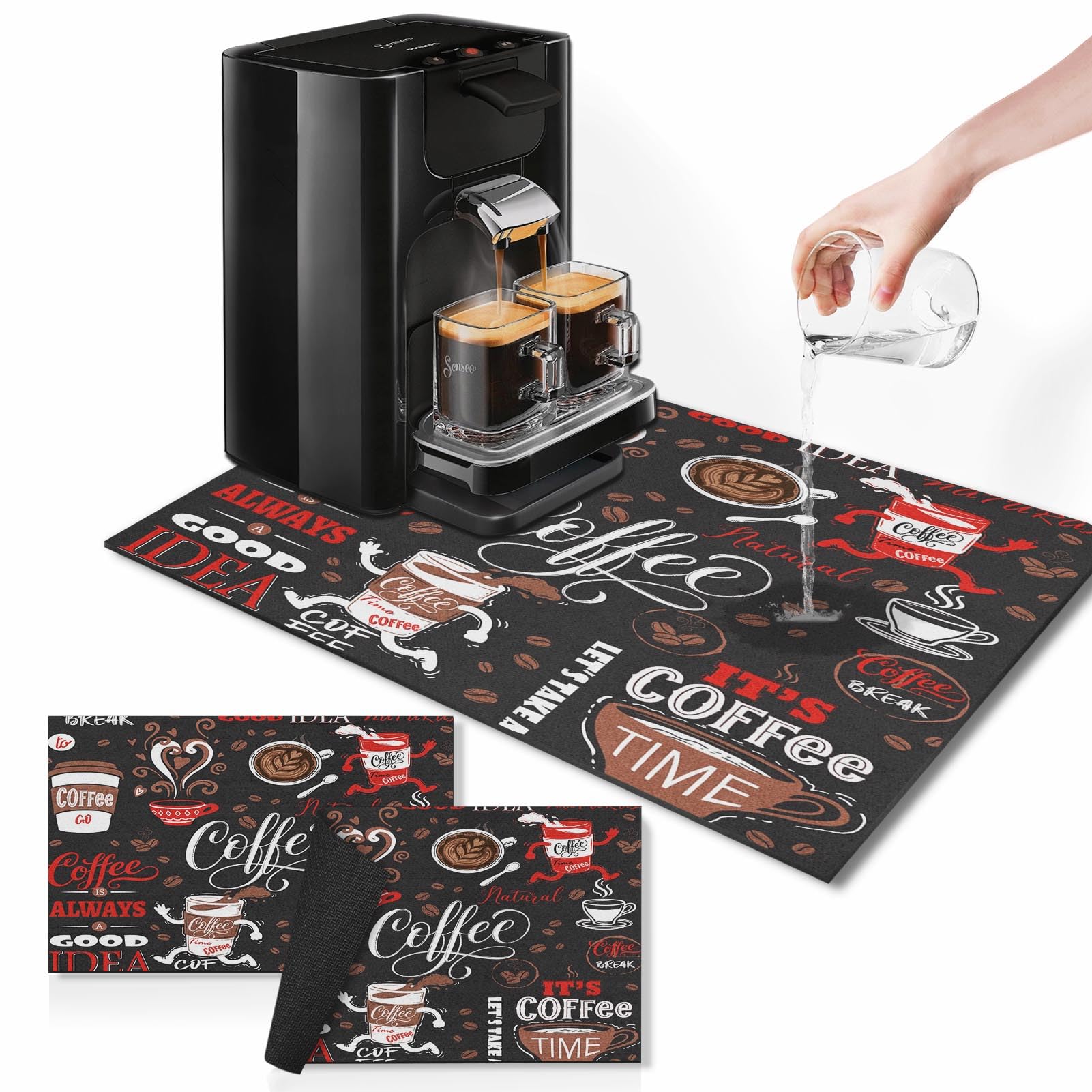 Arttown Coffee Mat for Countertops, Funny Abstract Cartoon Red Dish Drying Mat 2 Pcs for Kitchen Bar Accessories, Coffee Maker Espresso Machine Dish