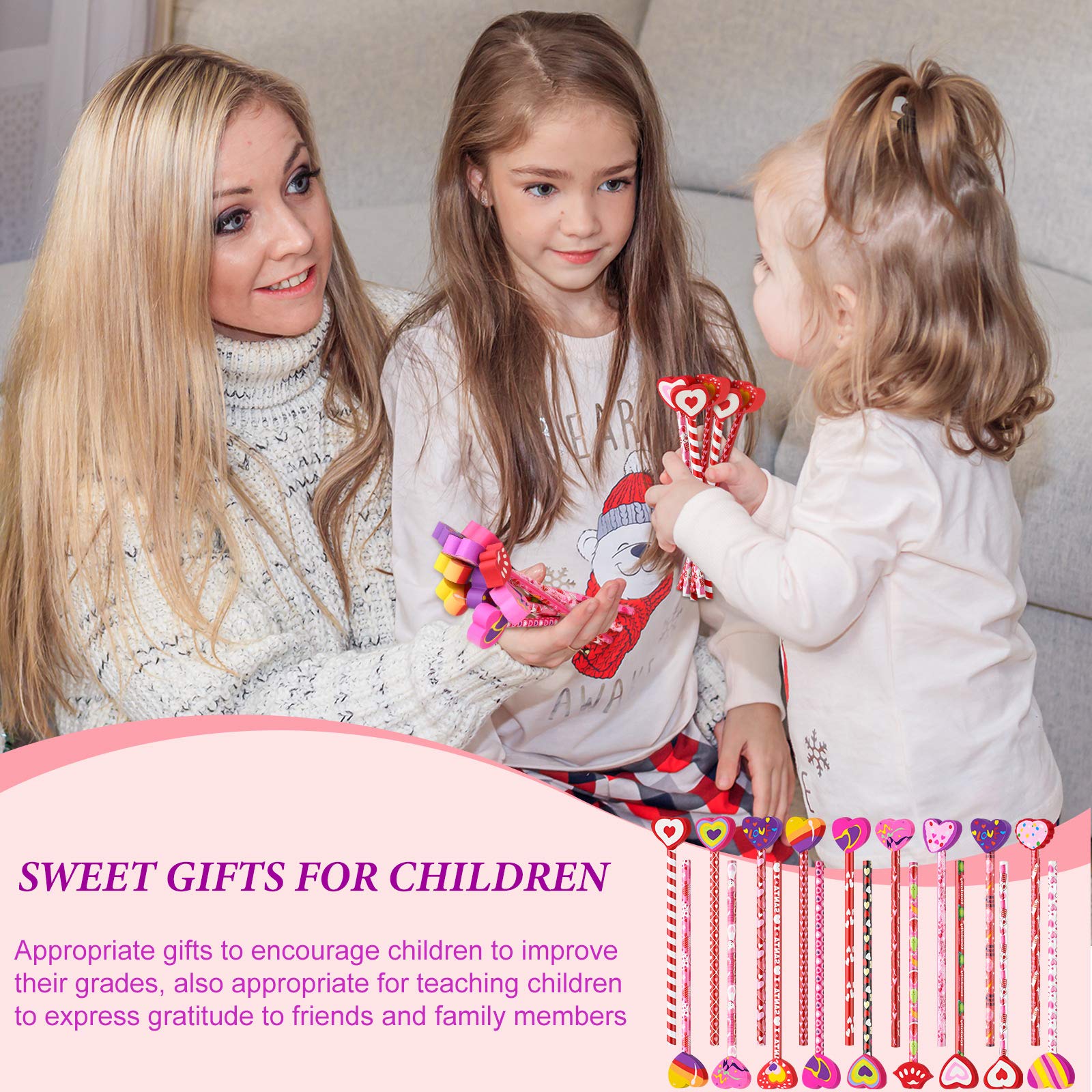 Zonon 36 Pieces Valentines Pencils with Heart Shape Erasers Toppers Decorated Colorful Pencils Erasers Heart Stationary Set for Valentine Office School Supplies Students Presents - Image 5