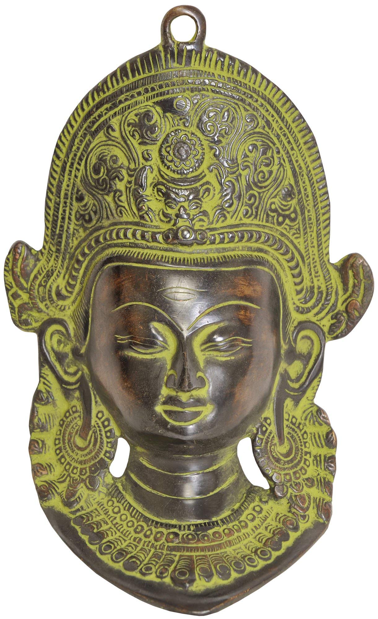 Lord Indra Wall Hanging Mask with Horizontal Third Eye - Brass Statues - Color Black Green Color