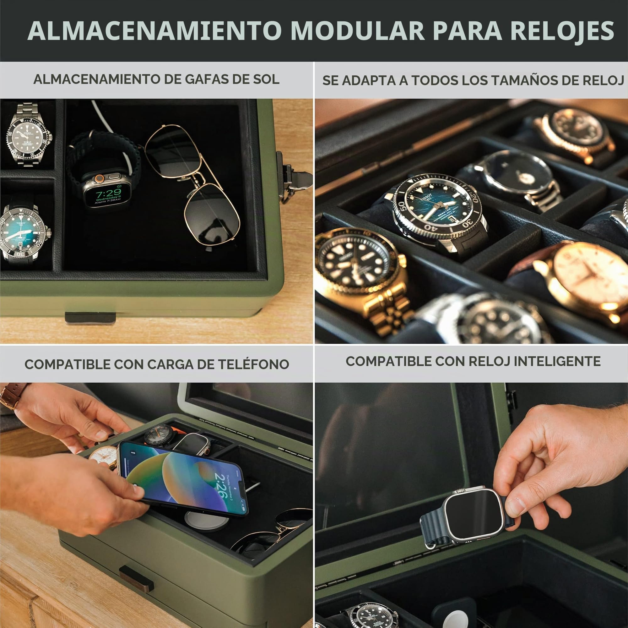 CASE ELEGANCE Caja organizadora militar para reloj con 10 ranuras para hombres, parte superior de cristal real, bandeja de valet modular, reloj Apple compatible con soporte para reloj Apple, verde