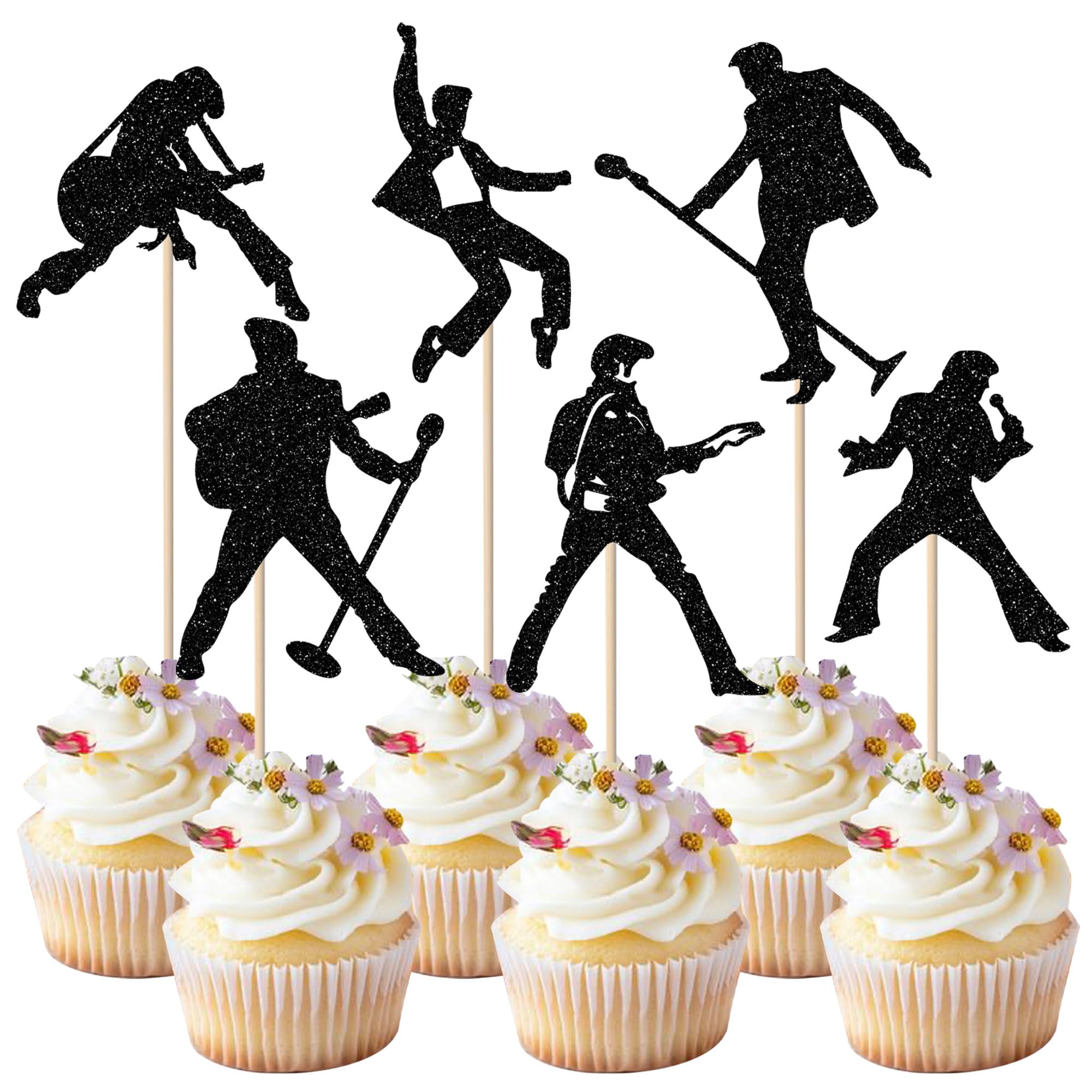 SYKYCTCY 24 Pack Rock Band Cupcake Toppers Black Glitter Rock Pop Music Theme Cupcake Picks Music Concert Theme Birthday Party Cake Decorations Supplies โ image 1