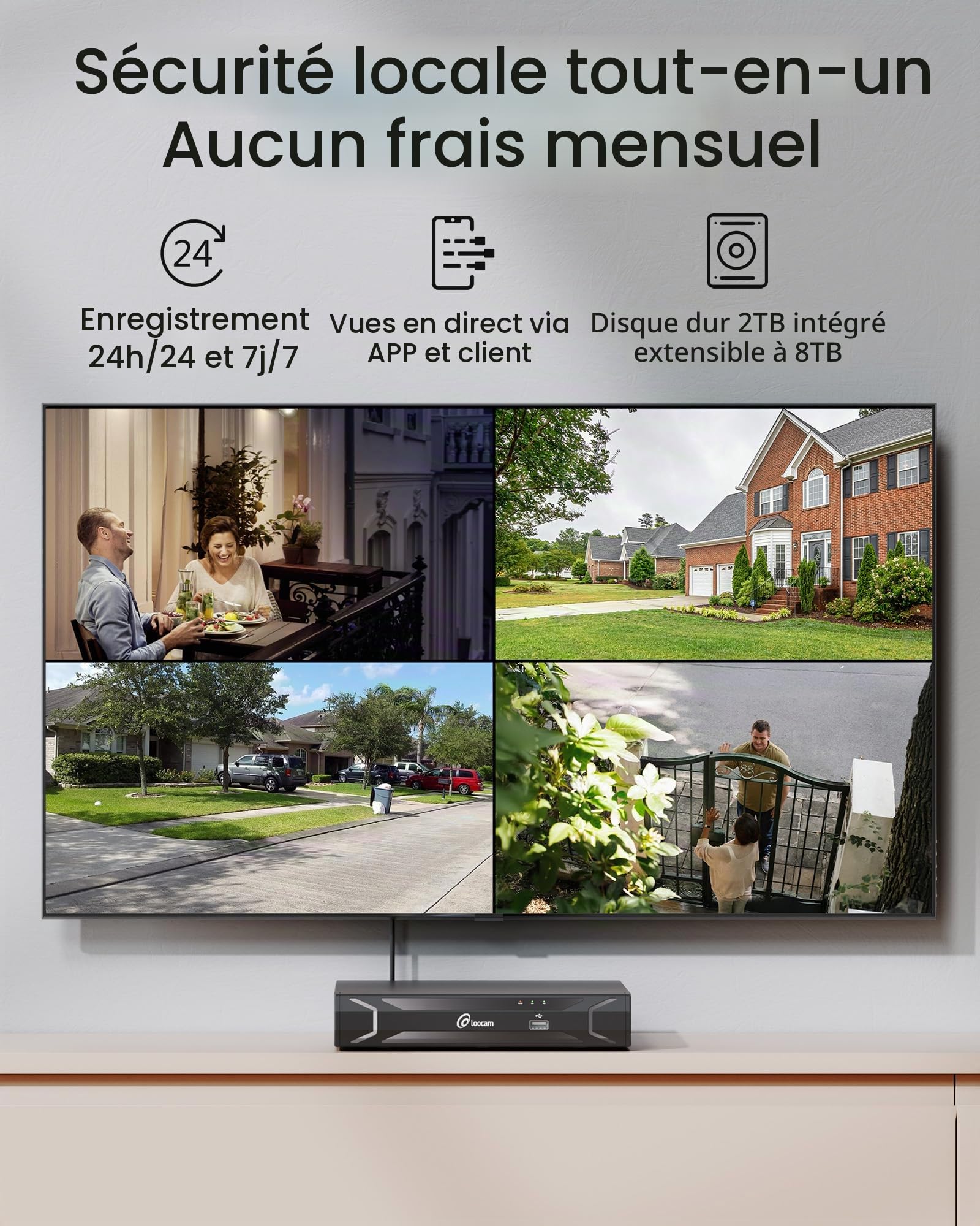 Loocam 4K Kit Caméra Surveillance PoE, NVR 8 Canaux Disque Dur 2 to