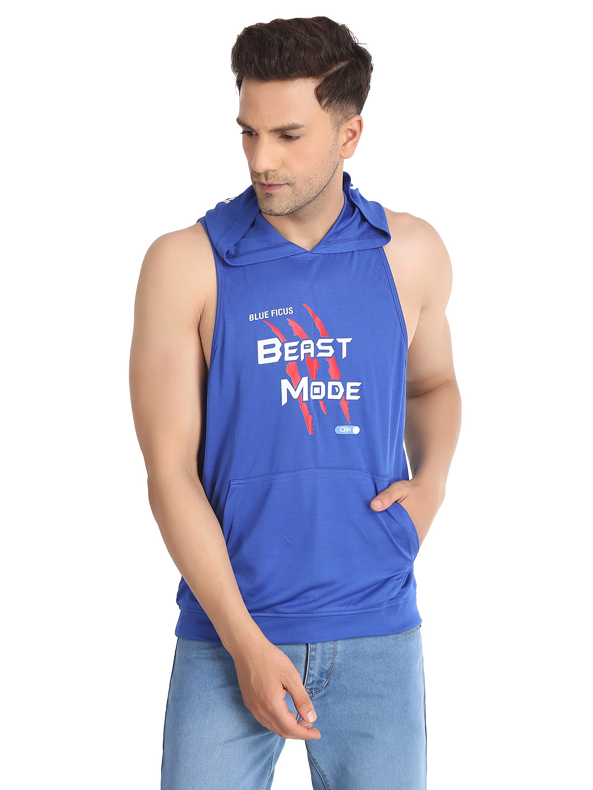 blueficus Gym Workout Hooded Vest T-Shirt Tank Top Sleeveless Stringer with Cap for Bodybuilding Men's and Boys Beast Mode Printed Regular Loose Fit-picture-16