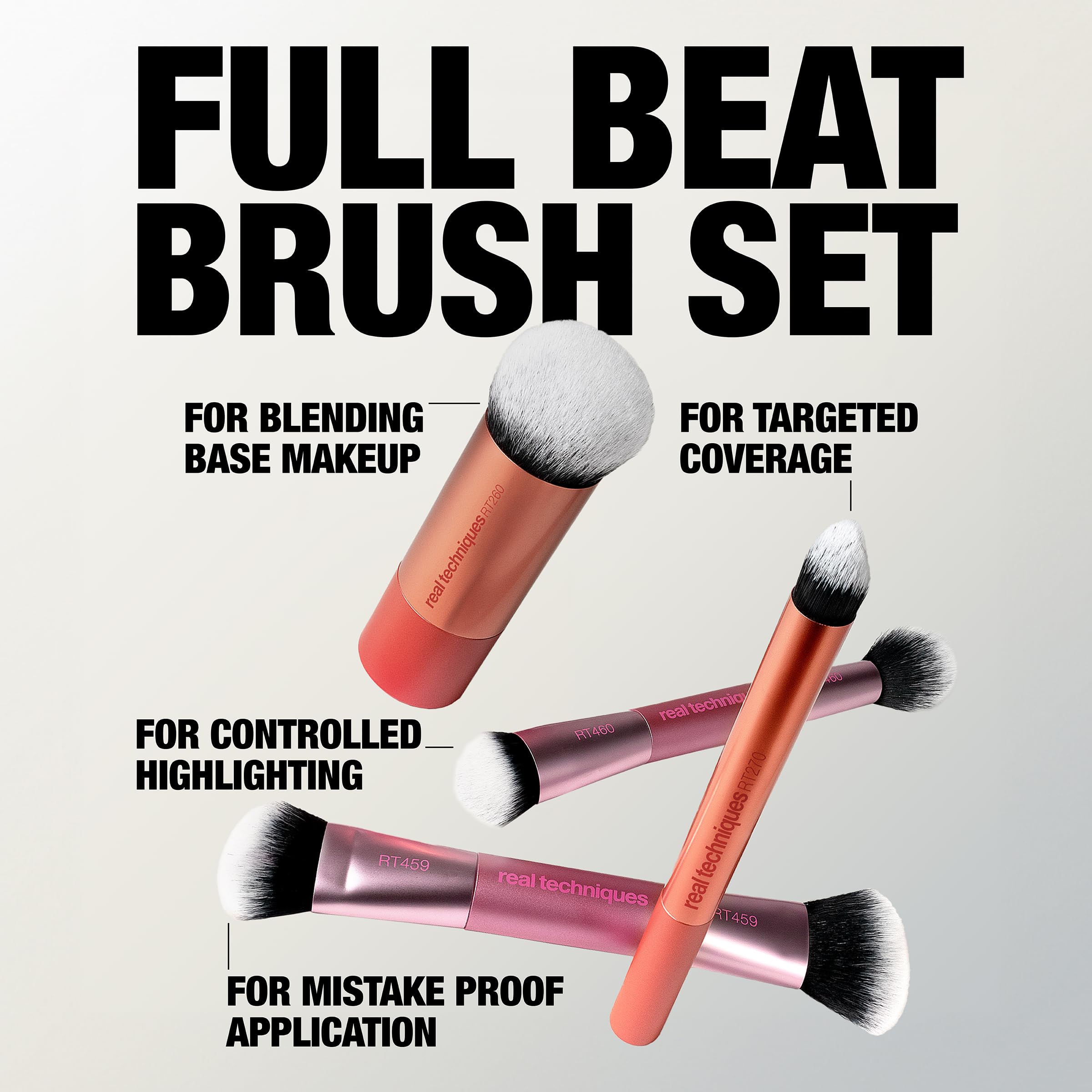 Real Techniques Full Beat Makeup Brush Set, 4 Piece Brush Kit for Foundation, Concealer, Blush, Contour, Highlight & Powder Blending, Travel Set, Soft UltraPlush Bristles, Cruelty-Free