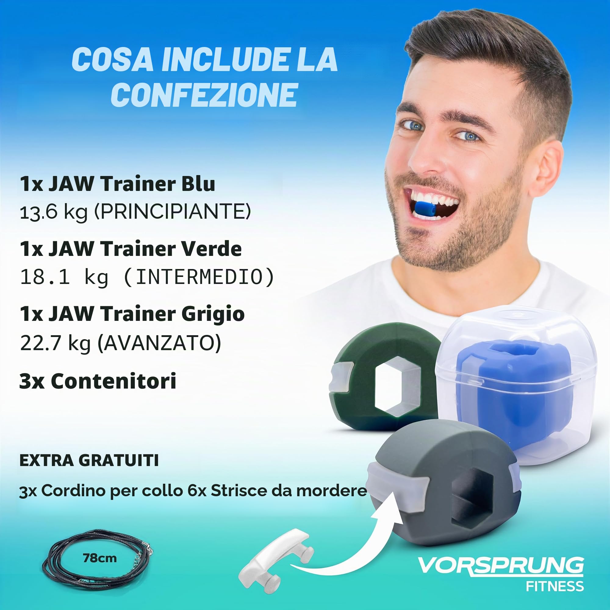 VORSPRUNG Esercitatore per la mascella, allenatore per la bocca del viso, scalpella e migliora la mascella, 6 strisce da mordere e 3 collane in omaggio, (3 Conteggi (Confezione da 1))