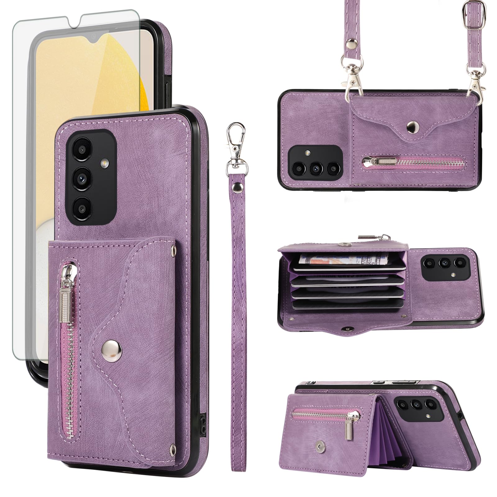 Phone Case for Samsung Galaxy A13 5G Wallet Cover with Tempered Glass Screen Protector Wrist Crossbody Strap Lanyard Credit Card Holder Stand Leather