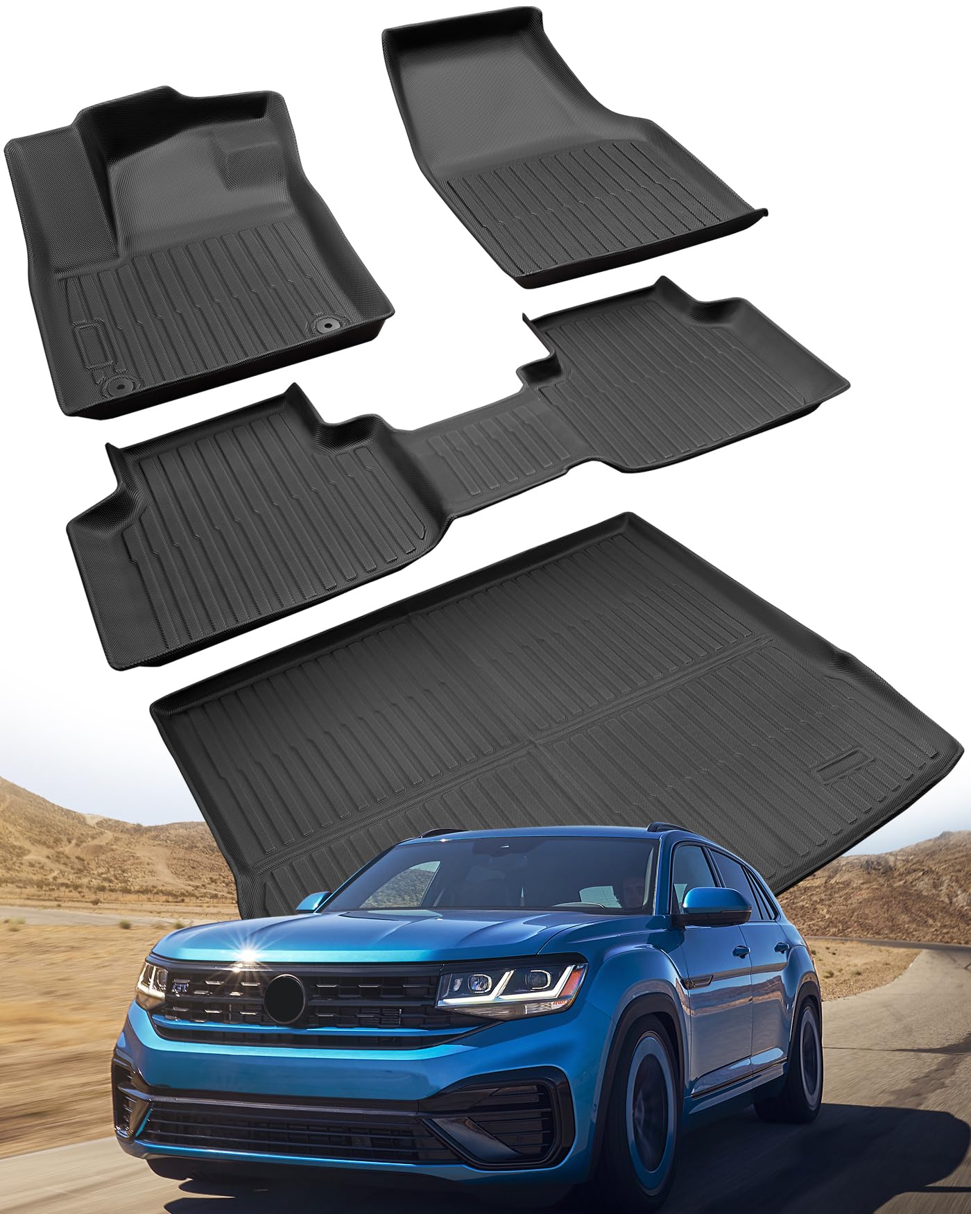 Floor Mats & Cargo Liner for Volkswagen Atlas Cross Sport 2020-2025 2026, 4 PCS Full Set Car Mat All Weather 2025 2024 2023 2022 2021 2020 Backrest Mat Custom Fit for VW Atlas Cross Sport Accessories