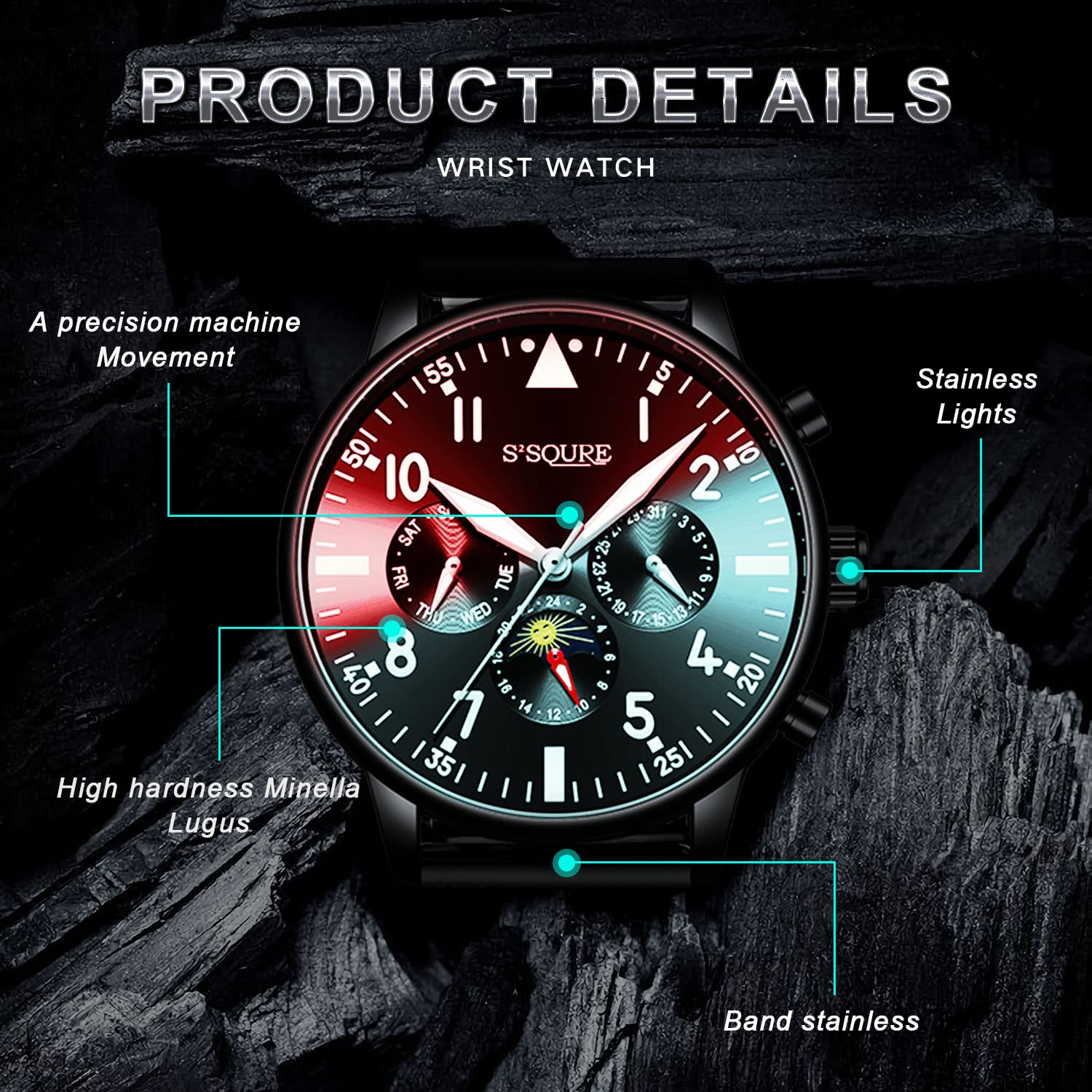 Gute Herrenuhr, automatische mechanische Armbanduhr, schwarz analog, Datum, Edelstahl. S-Armband, Sportuhren, Geschenk