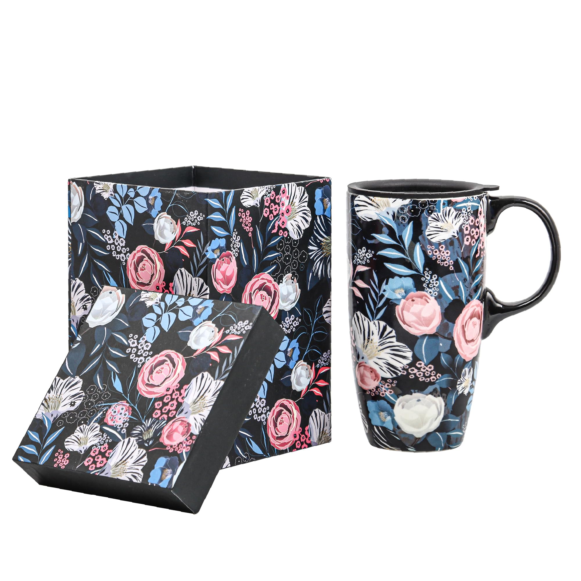 Topadorn Travel Coffee Mug Ceramic Latte Mug Teacup Ceramic Coffee Cup with Color Box 17 oz., Enjoy Flower