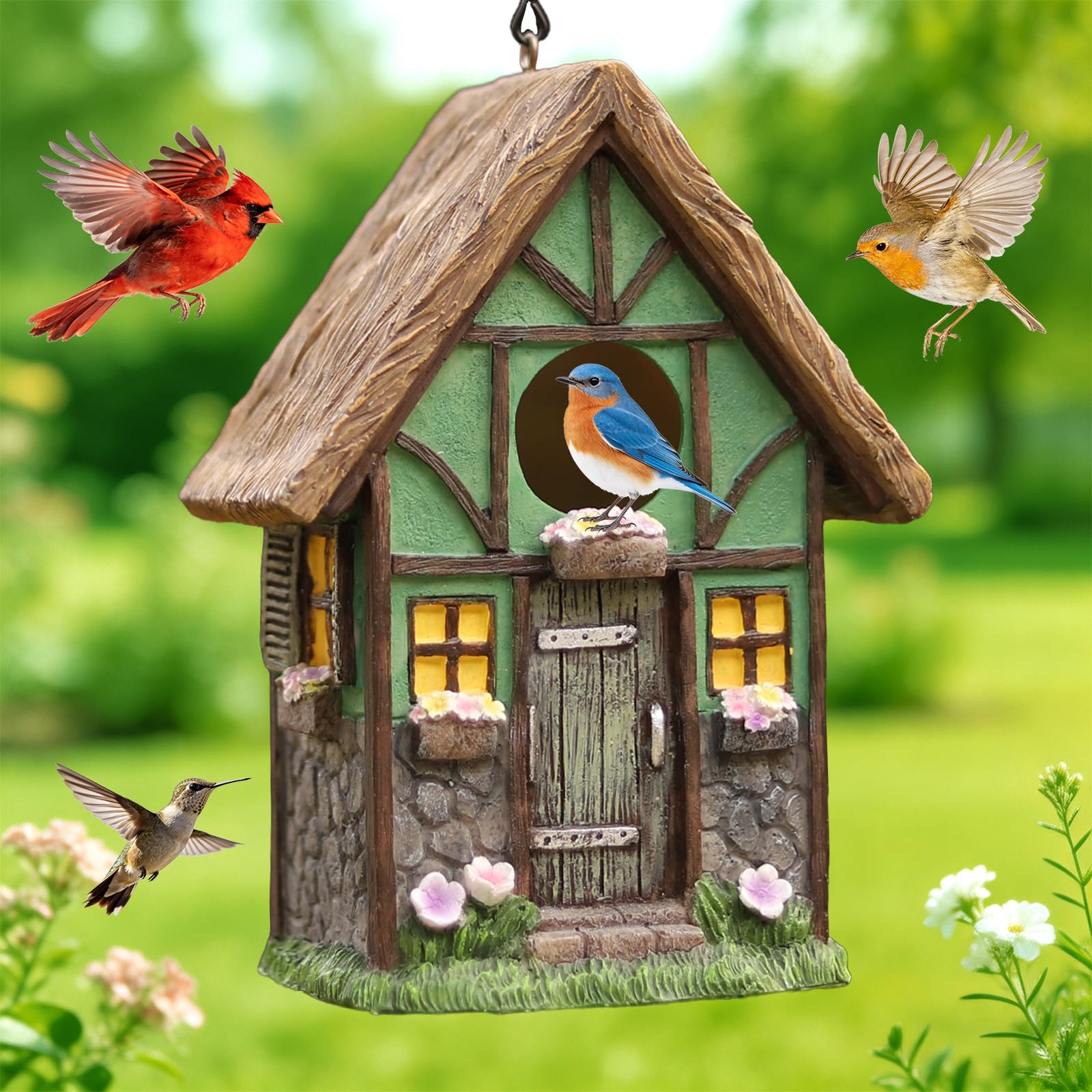 Vogelhäuser für den Außenbereich, rustikales Cottage, Vogelhaus mit Strohdach, handbemalt, Kunstharz, Vogelhäuser für den Außenbereich, für Bluebird Finken, Kardinäle, Vogelnistgarten, Terrasse, Hof