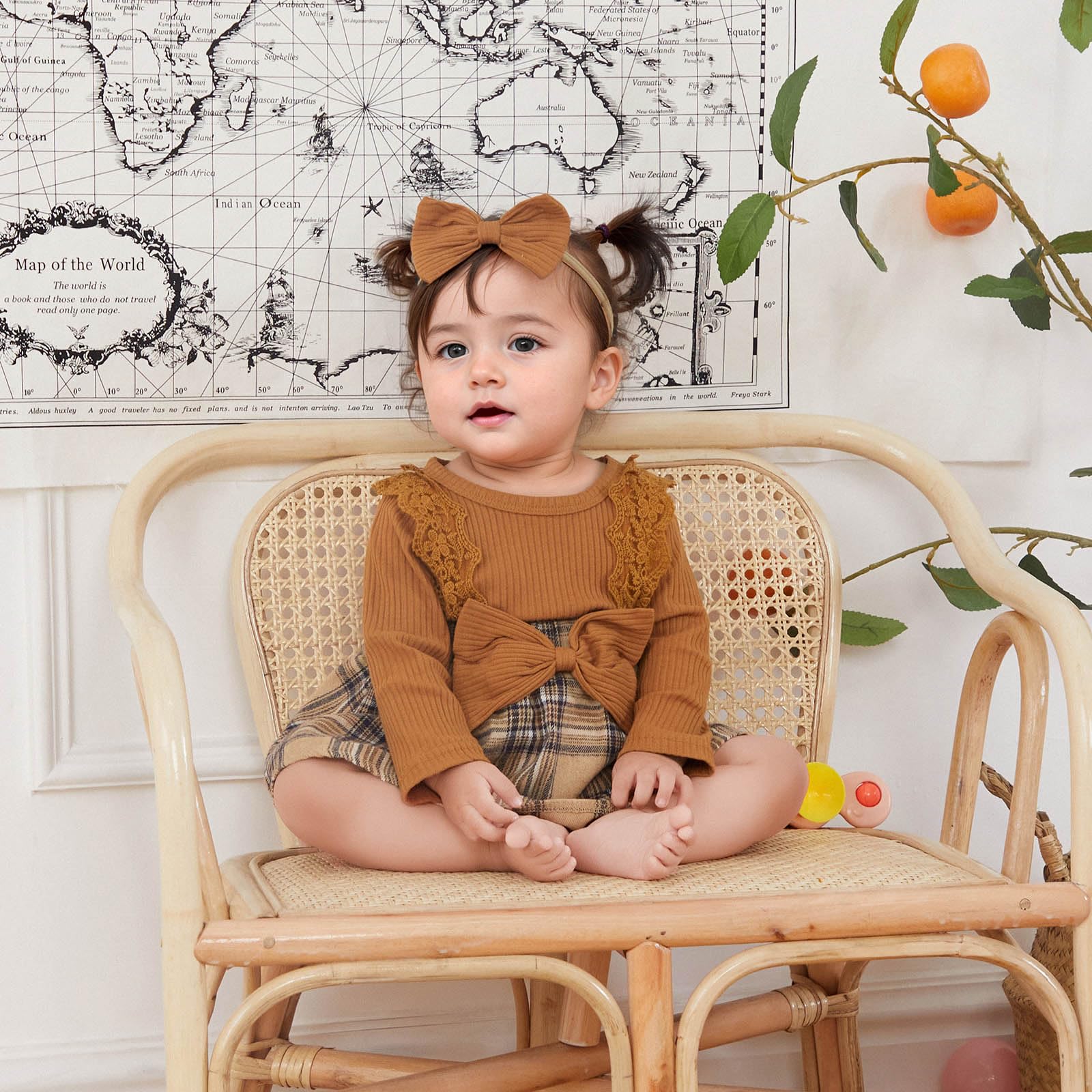 FOCUSNORM Newborn Baby Girl Outfits Infant Long Sleeve Plaid Print Romper Dress with Headband Set Infant Fall Winter Clothes (Plaid Coffee, 0-3 Months)