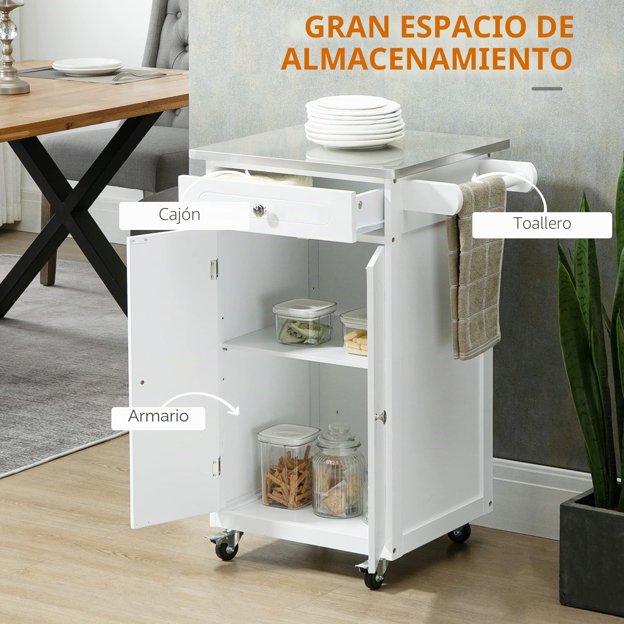 HOMCOM Carro de Servicio de Cocina con Ruedas, multialmacenamiento, 1 cajón Armario 2 Puertas con Estante para paños de Cocina, MDF, Color Blanco