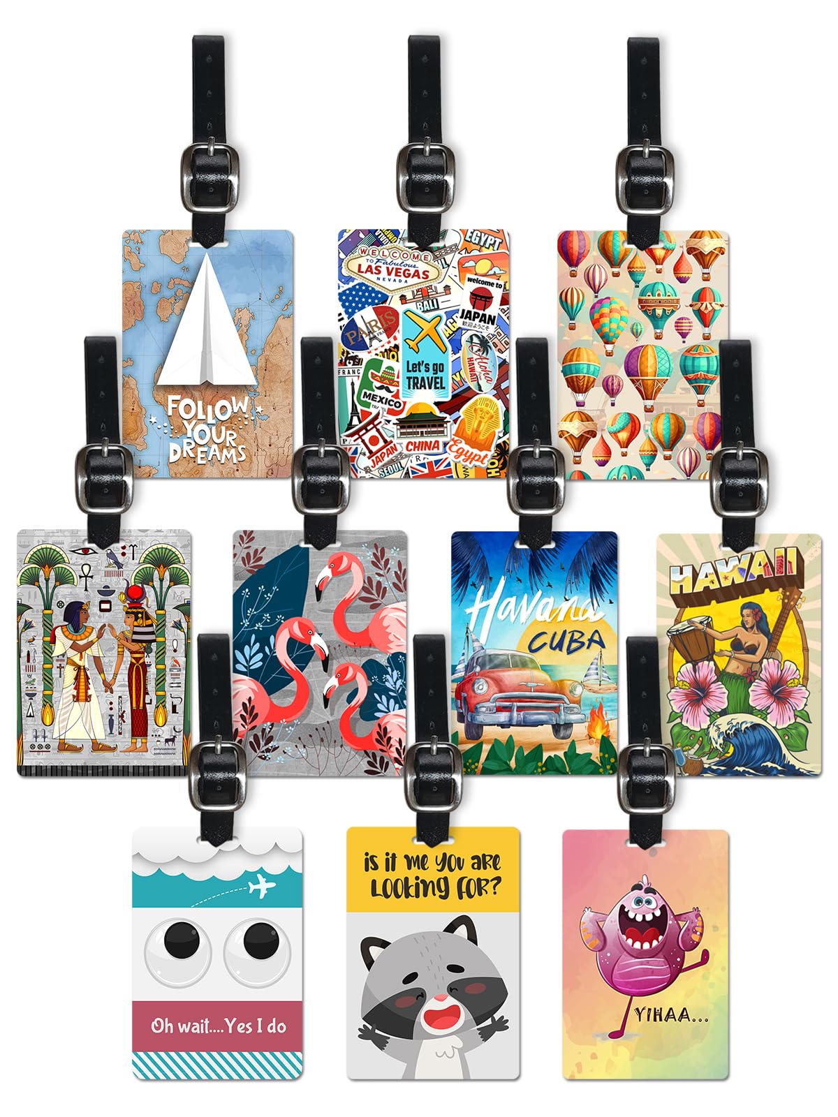 Lentikart Pack of 10 Luggage Tag 3D Lenticular | Travel Bag Tags with Name ID Leather Strap Suitcase Tags Baggage Tags for Luggage for Flight for Easy Identification School Bag