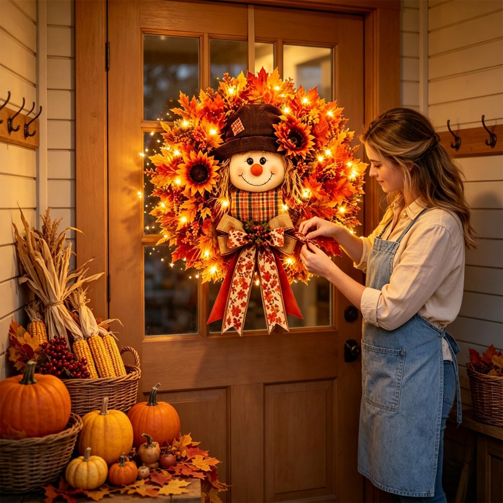 Ghirlanda Autunnale Per Porta di Casa Decorazione Con Spaventapasseri