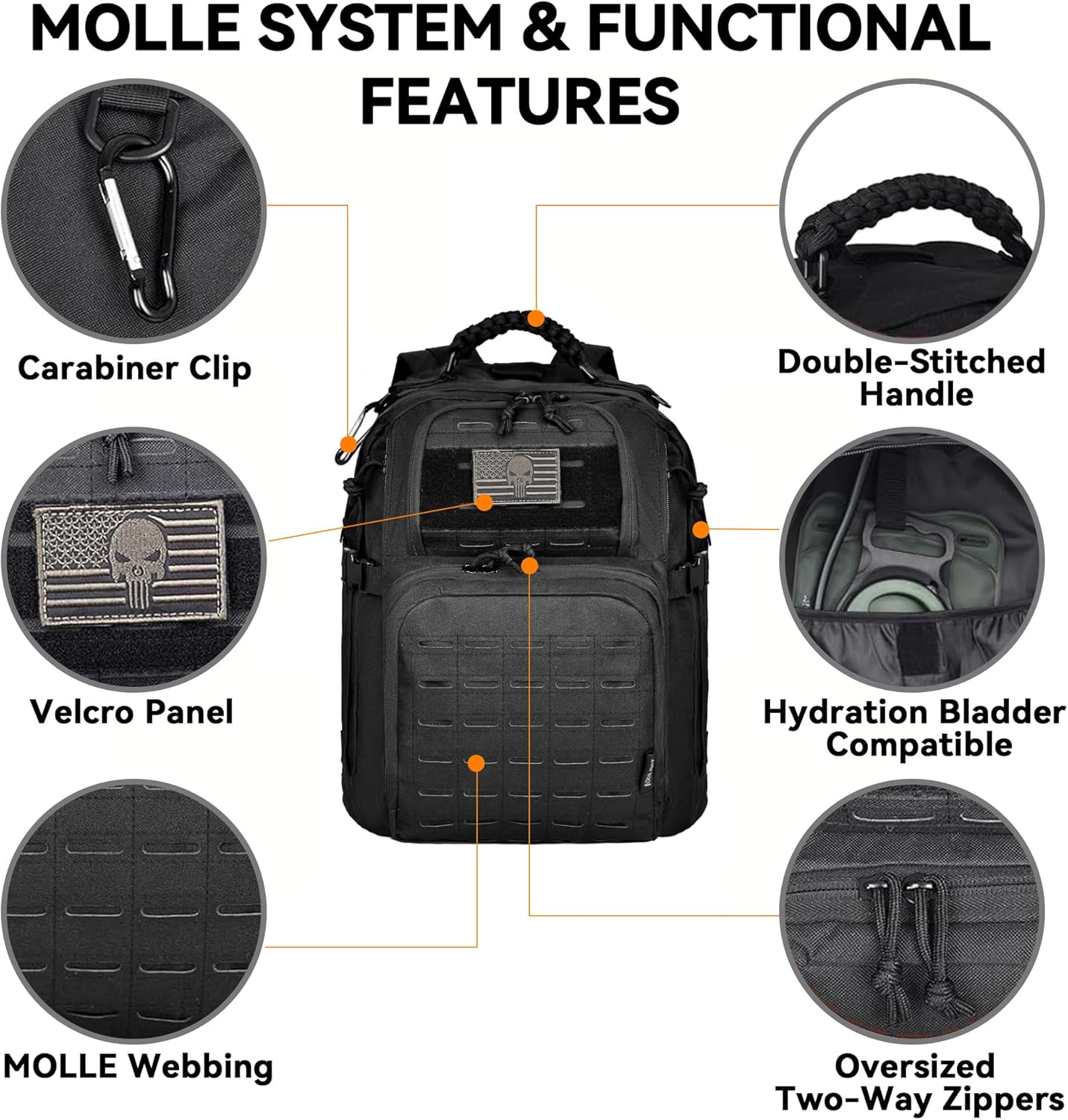 Military Tactical Backpack for Men, Molle EDC Daypack Work Backpack for Trekking, Army 3 Days Assault Pack & Bug Out Bag with Water Bladder Compartment, Hiking Rucksack