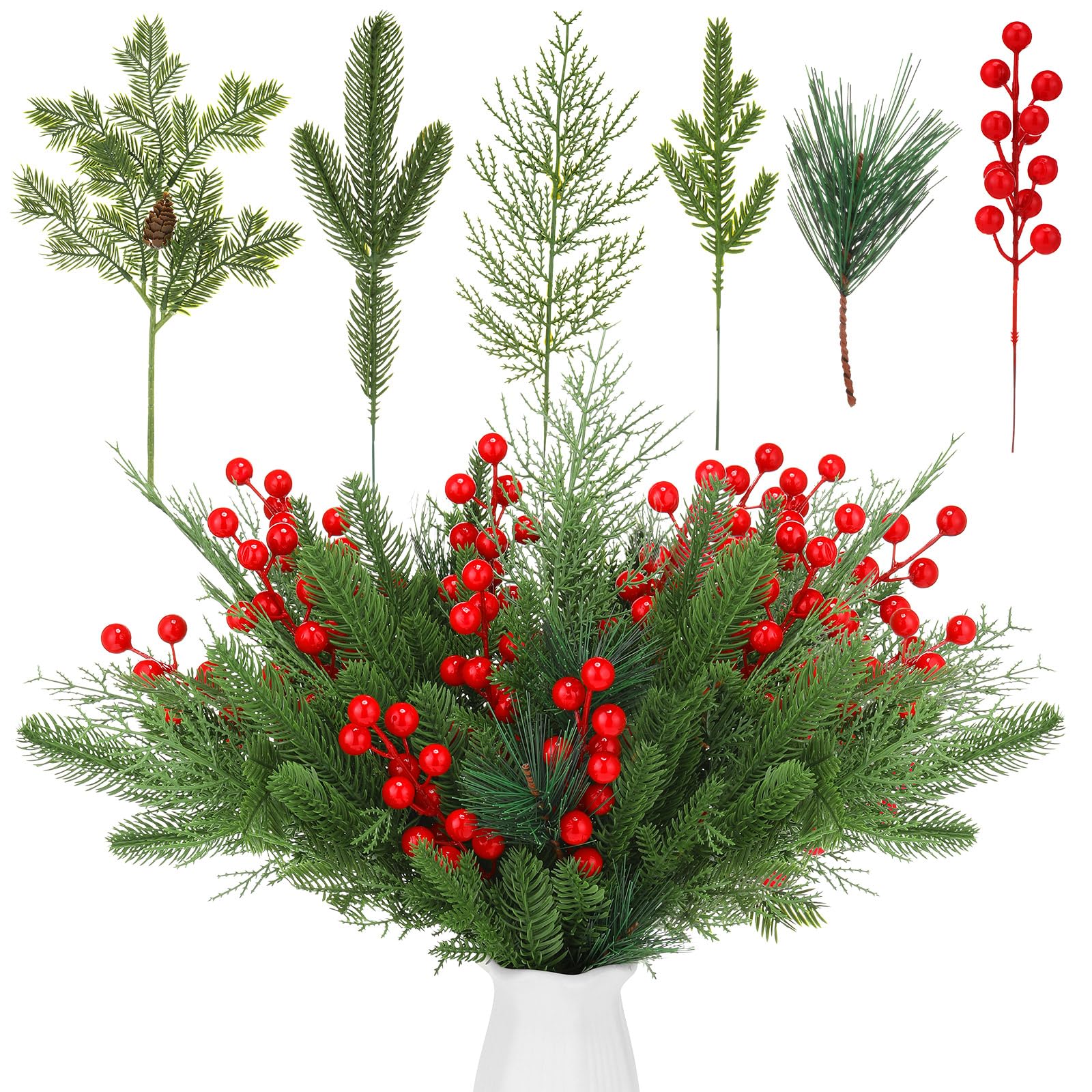 ProSuites 60 Pcs Artificial Pine Branches Christmas Greenery Stems Pine Picks Xmas Stems Pine and Cypress Branches Red Berries Christmas Holiday