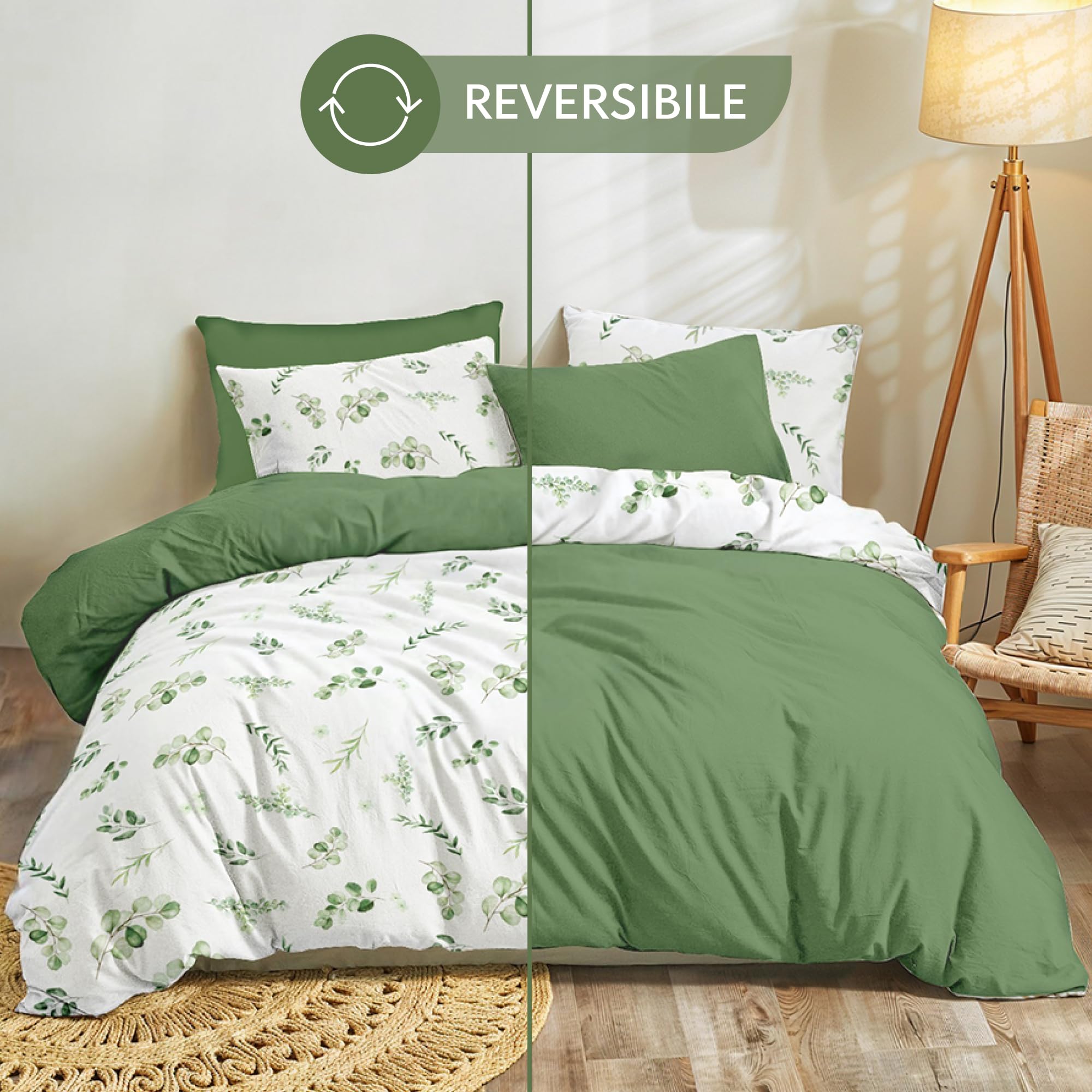 Dreamzie Copripiumino Matrimoniale 200x200 cm con 2 Federe 50x70 cm - In Microfibra - Motivo Botanico Verde Salvia - Set Copripiumino Matrimoniale 200x200