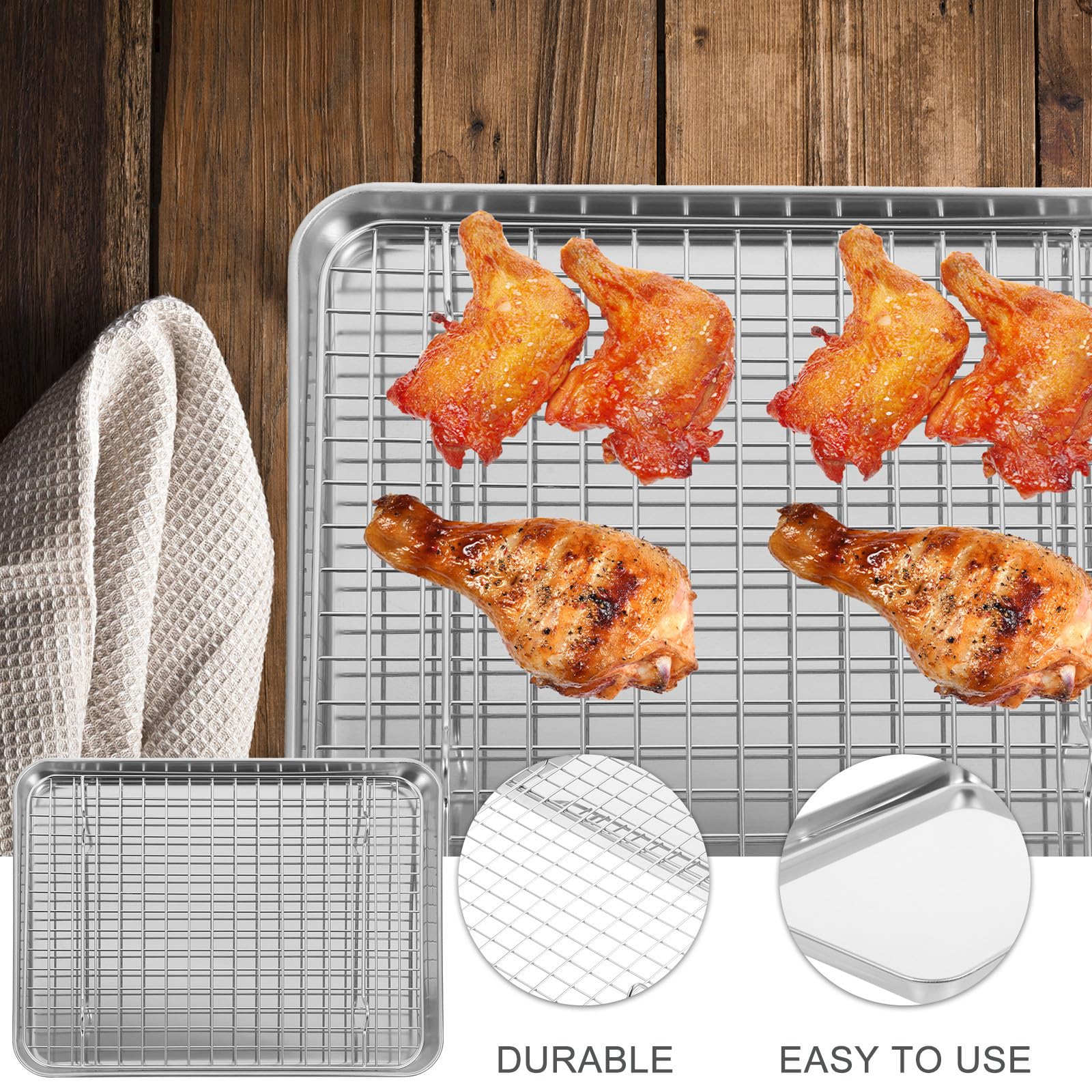 Lurrose Set 1 Teglia da Forno in Acciaio Inossidabile con Rete per Cottura e Raffreddamento, Dimensioni 31,5x24,5x2,5cm, per Forni Domestici e Barbecue