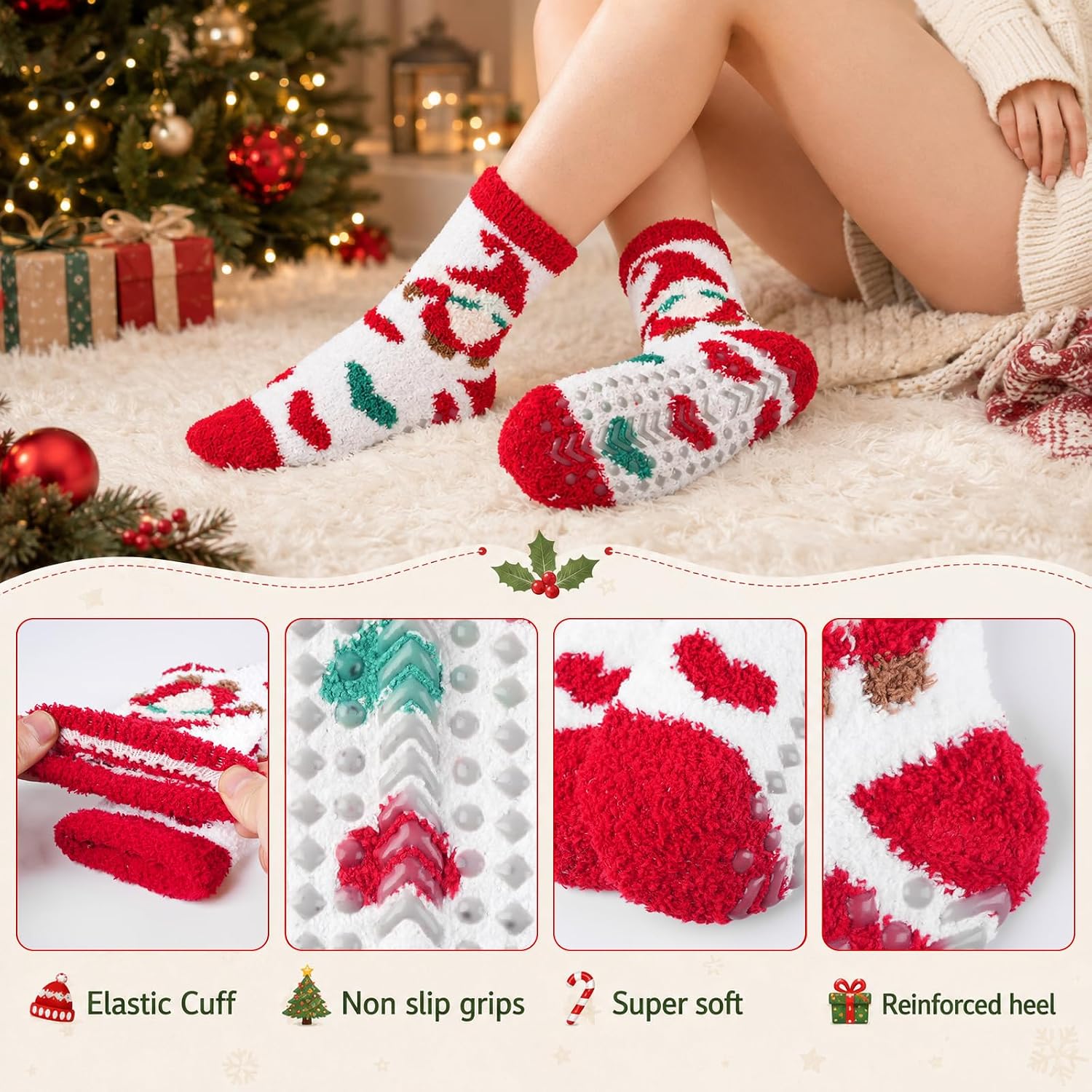 Fuzzy Socks for Women with Grips 3 Pairs Slipper Socks Warm Gifts