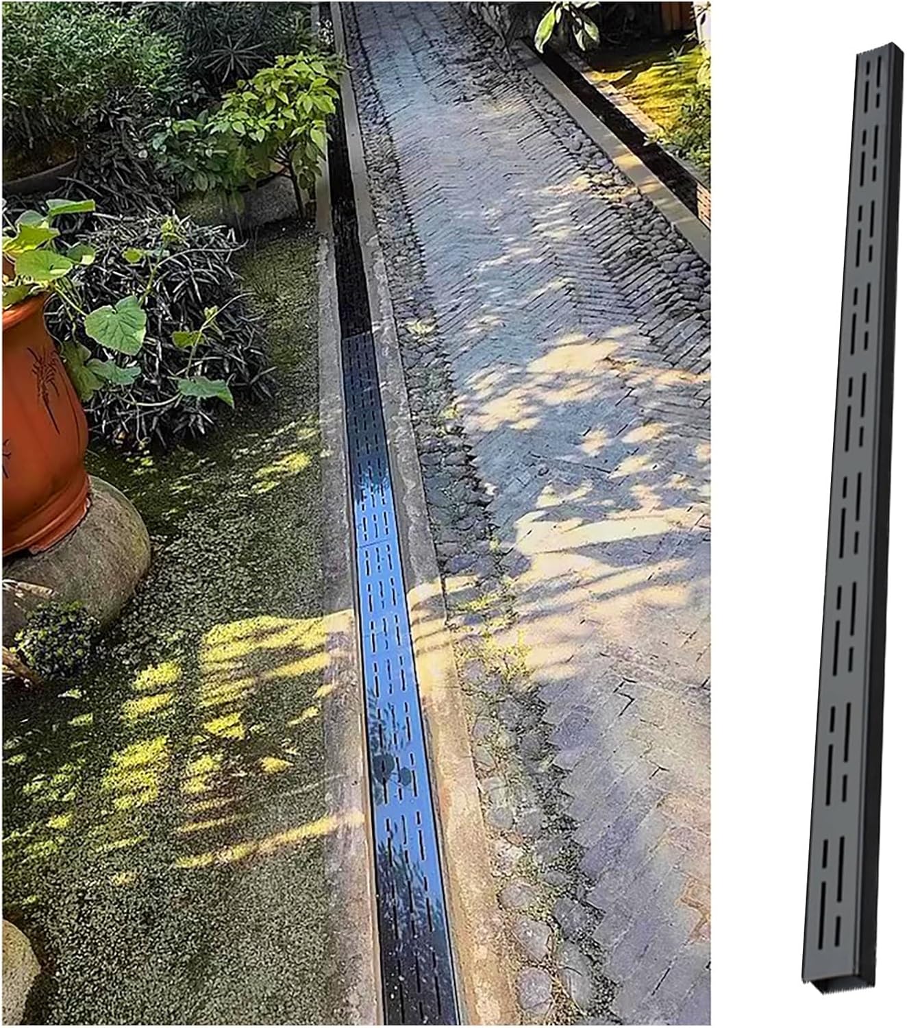 Heavy Duty 1m Stainless Steel Trench Drain System with Connector, Narrow Drainage Channels & Grating for Outdoor Yard, Patio, Pool Deck (Black, W x H - 15x4cm/5.9x1.6)