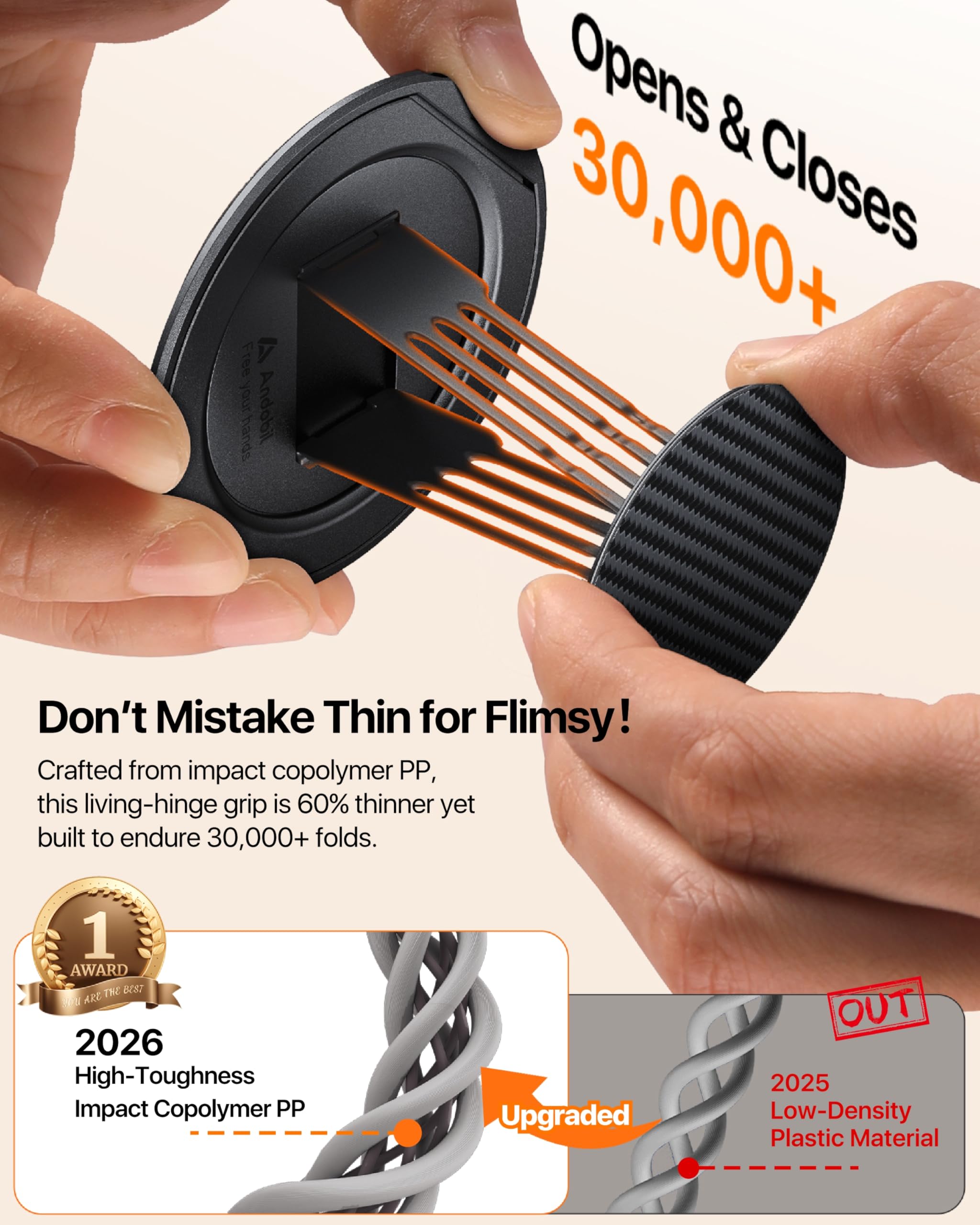 andobil [2026 Ultra-sottile] Impugnatura magnetica per telefono [rotazione a 360°] Supporto magnetico ad anello per cellulare e cavalletto