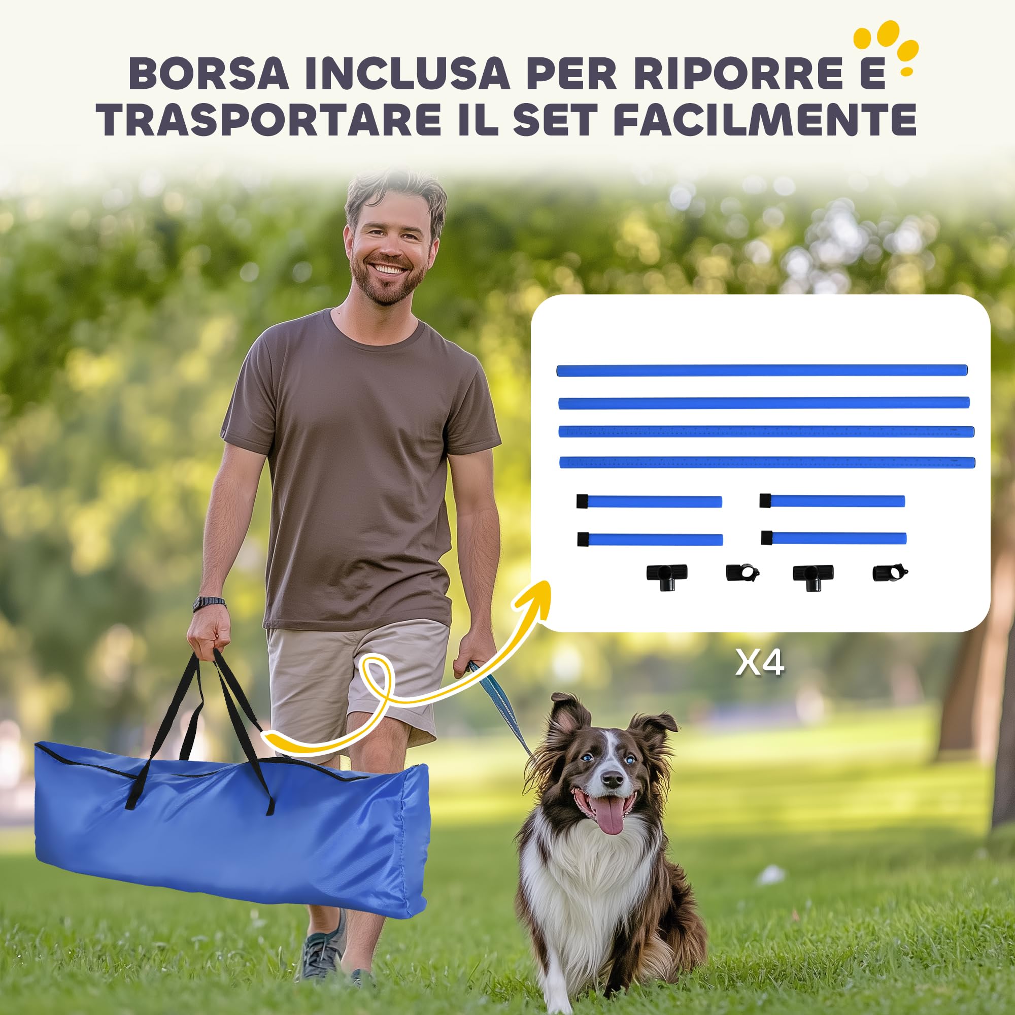 PawHut Set 4 Ostacoli Agility Dog Altezza Regolabile 99x65x94cm Blu con Borsa
