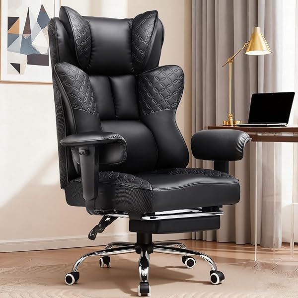 GTPLAYER Big and Tall Office Chair 400LBS Wide Ergonomic Gaming Chair with Deluxe Embossing Designed Leather with Foot Rest,150°Reclining Adjustable Soft Armrests Pocket Spring Back Support and Pillow