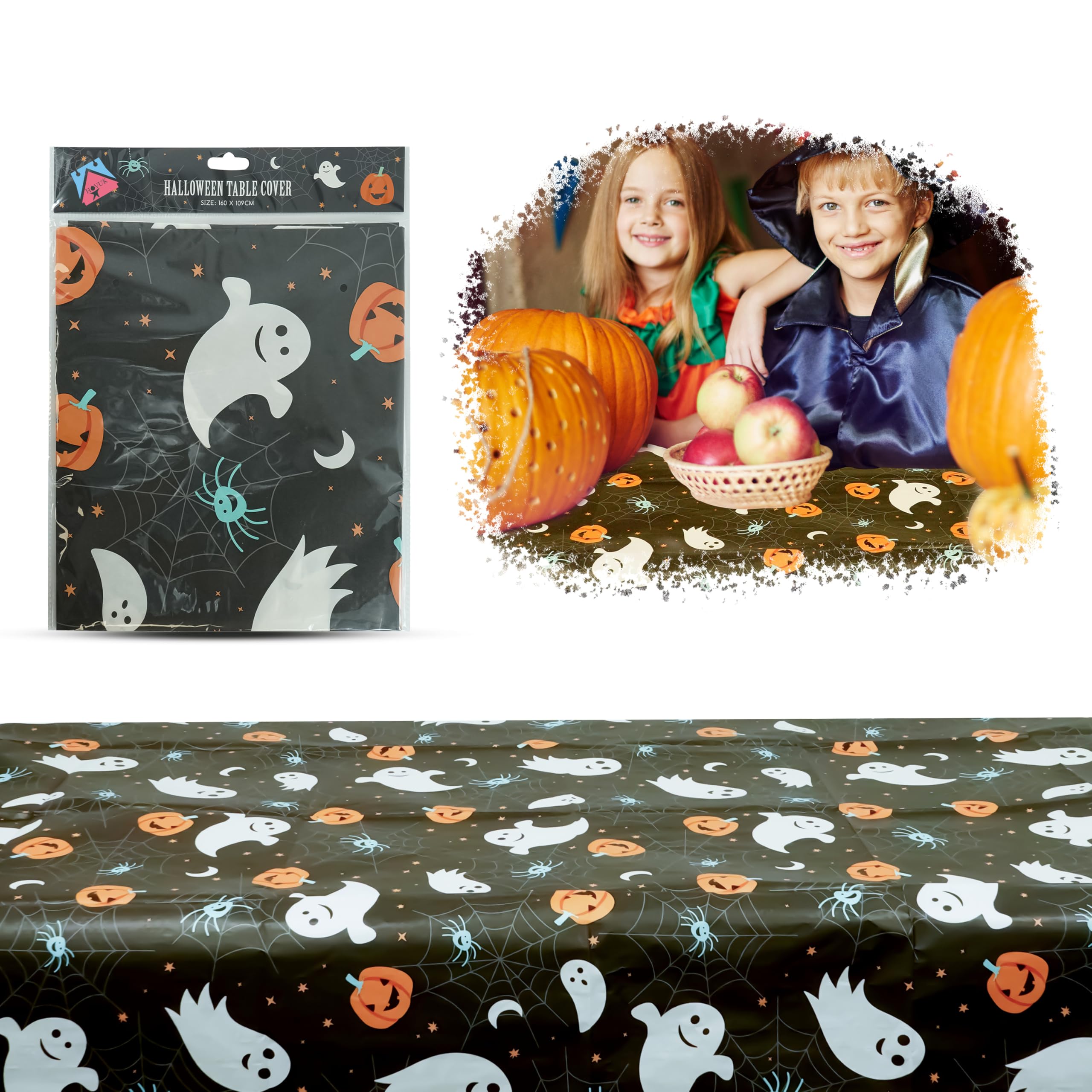 Hovuk 1X Halloween Tablecloth Halloween Tablecloth 160X109cm, Waterproof Plastic Rectangular Table Cover With Pumpkin Ghost Spider Print, Reusable Table Decoration For Halloween Party, Horror Dinner, Indoor Outdoor Décor